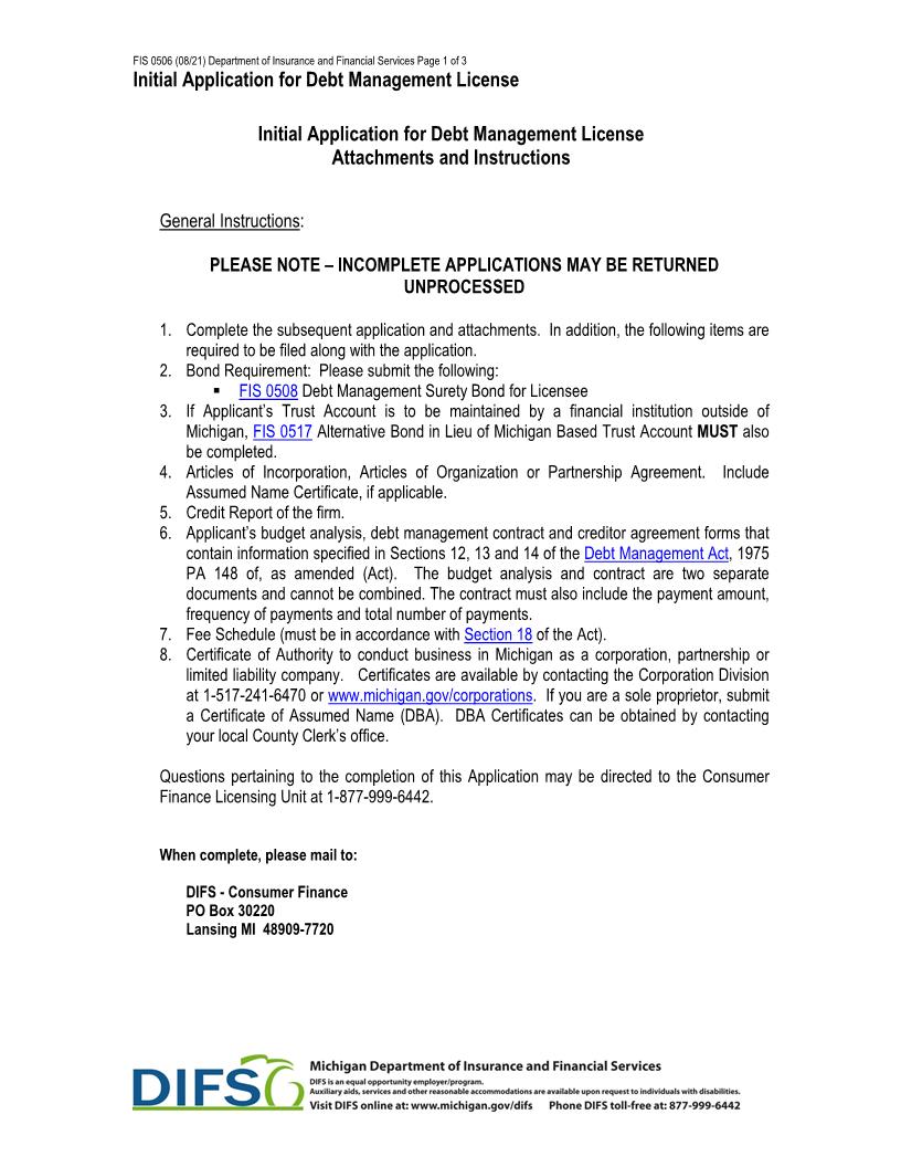 Initial Application For Debt Management License {FIS-0506} | Pdf Fpdf Doc Docx | Michigan