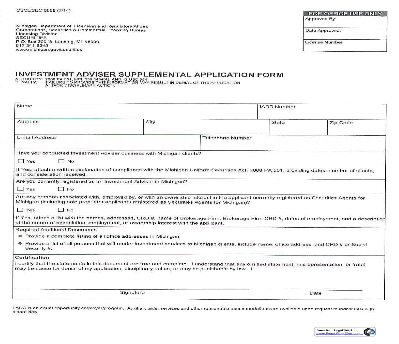 Investment Advisor Supplemental Application Form {FIS-0569} | Pdf Fpdf Doc Docx | Michigan