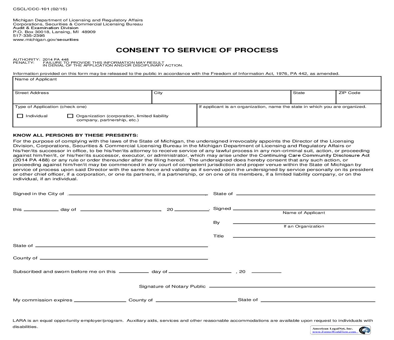 Consent To Service Of Process {CSCL-CCC-101} | Pdf Fpdf Doc Docx | Michigan