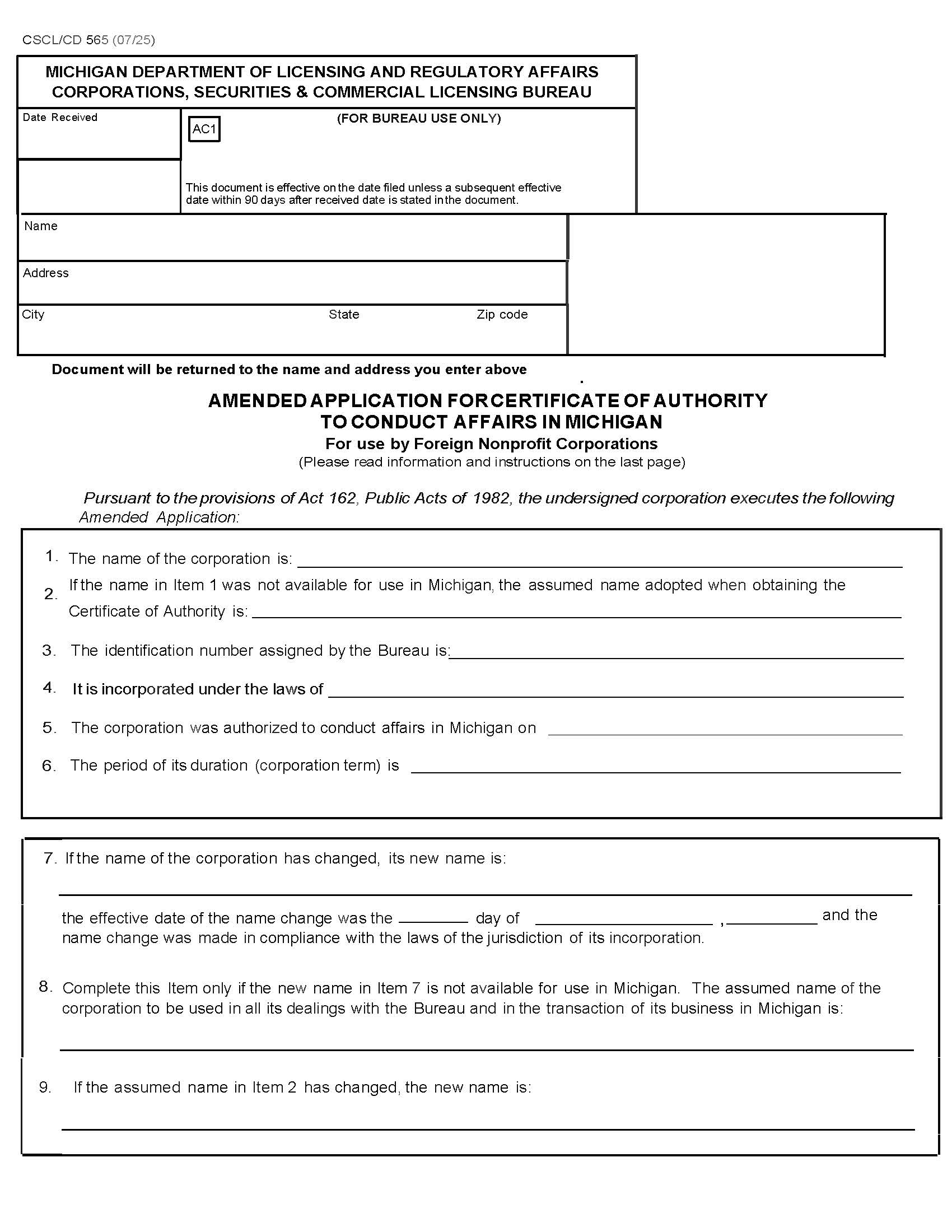Amended Application For Certificate Of Authority {565} | Pdf Fpdf Docx | Michigan