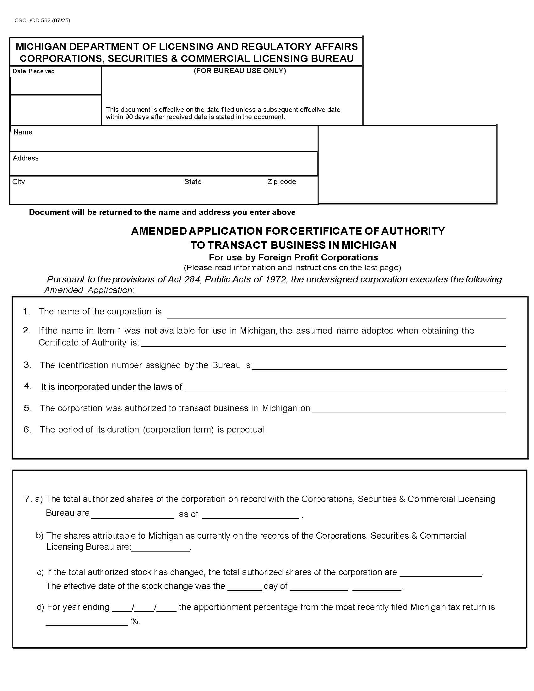 Amended Application For Certificate Of Authority (Foeign Profit ) {562} | Pdf Fpdf Docx | Michigan