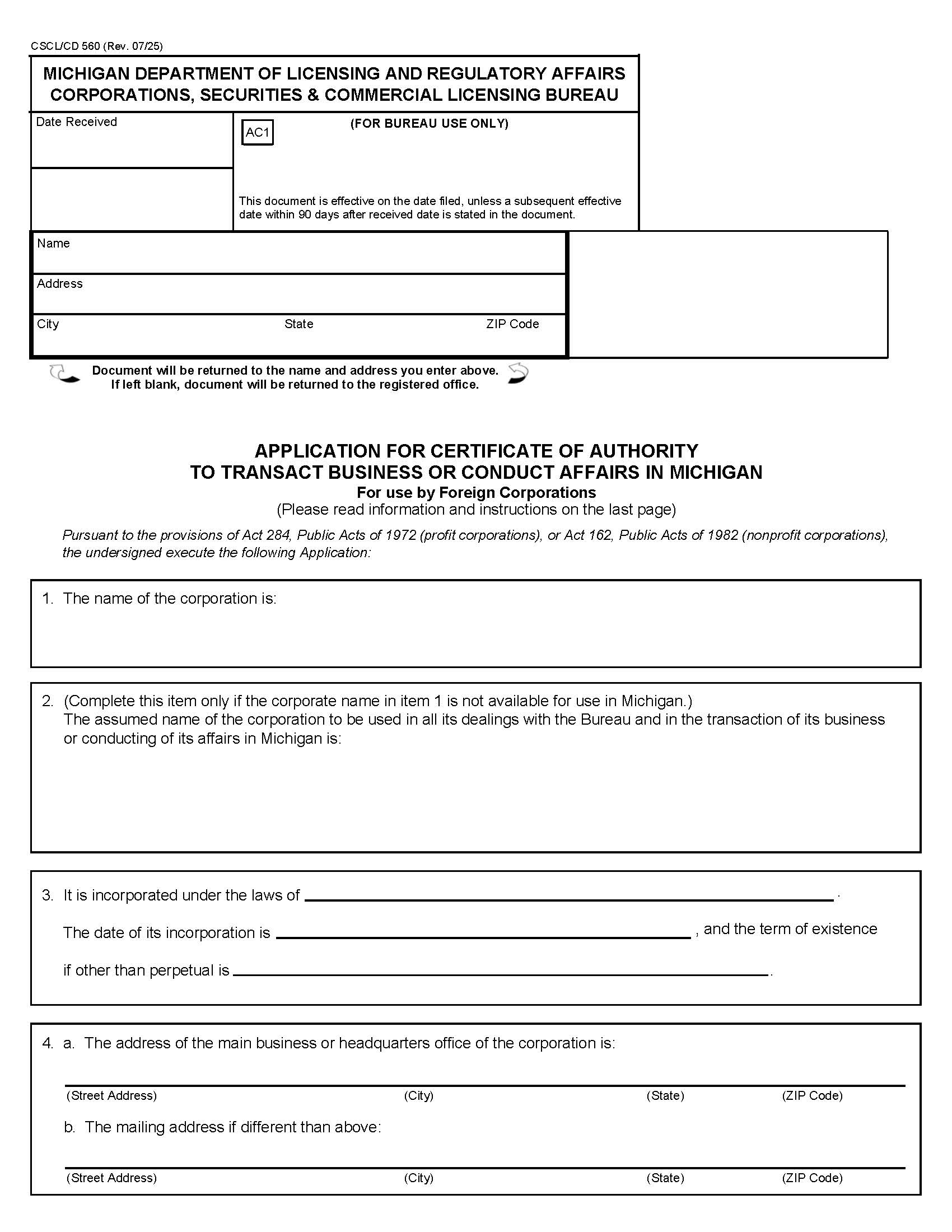 Application For Certificate Of Authority To Transact Business Or Conduct Affairs In MI For Use By Foreign Corps {560} | Pdf Fpdf Docx | Michigan