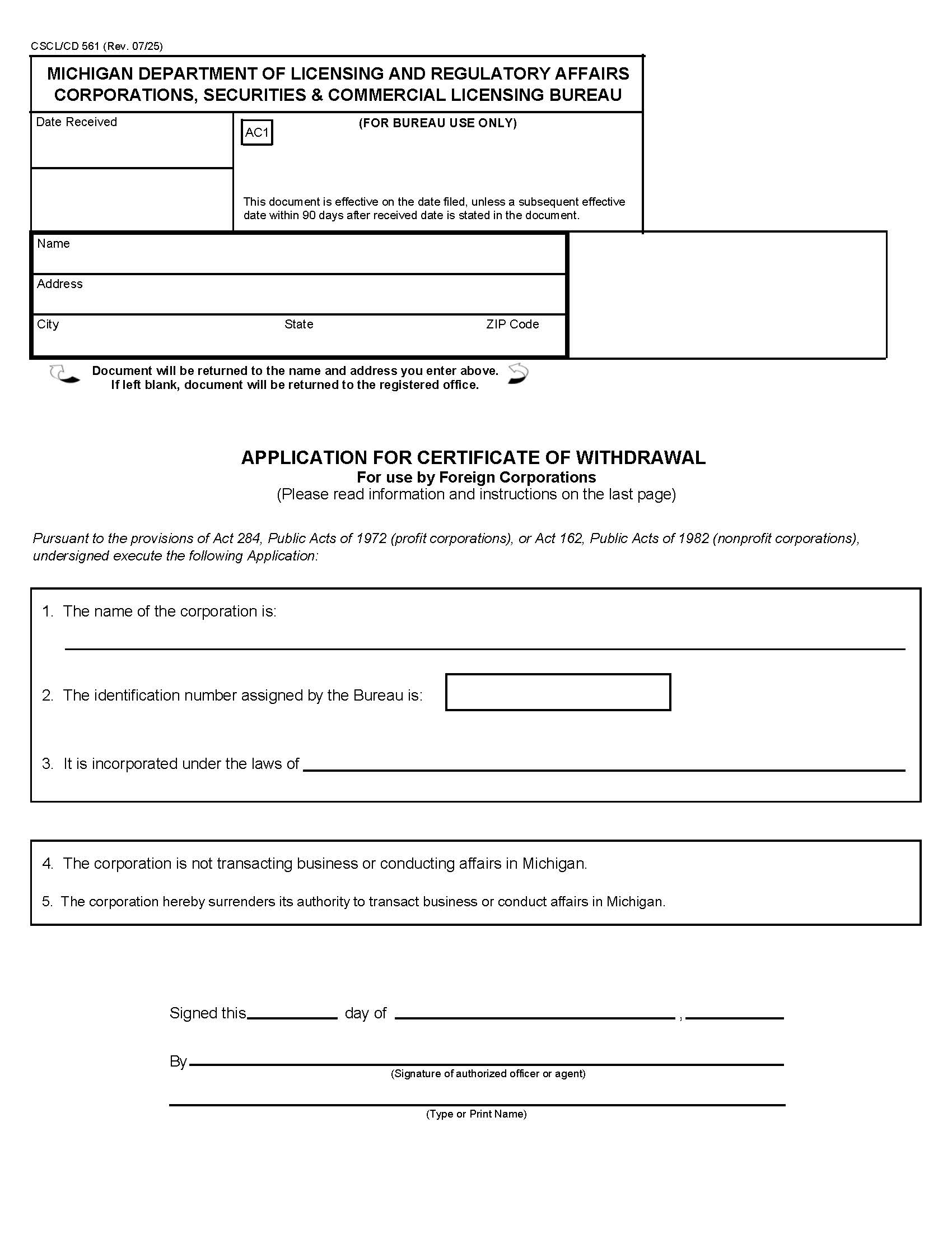 Application For Certificate Of Withdrawal For Use By Foreign Corps {561} | Pdf Fpdf Docx | Michigan