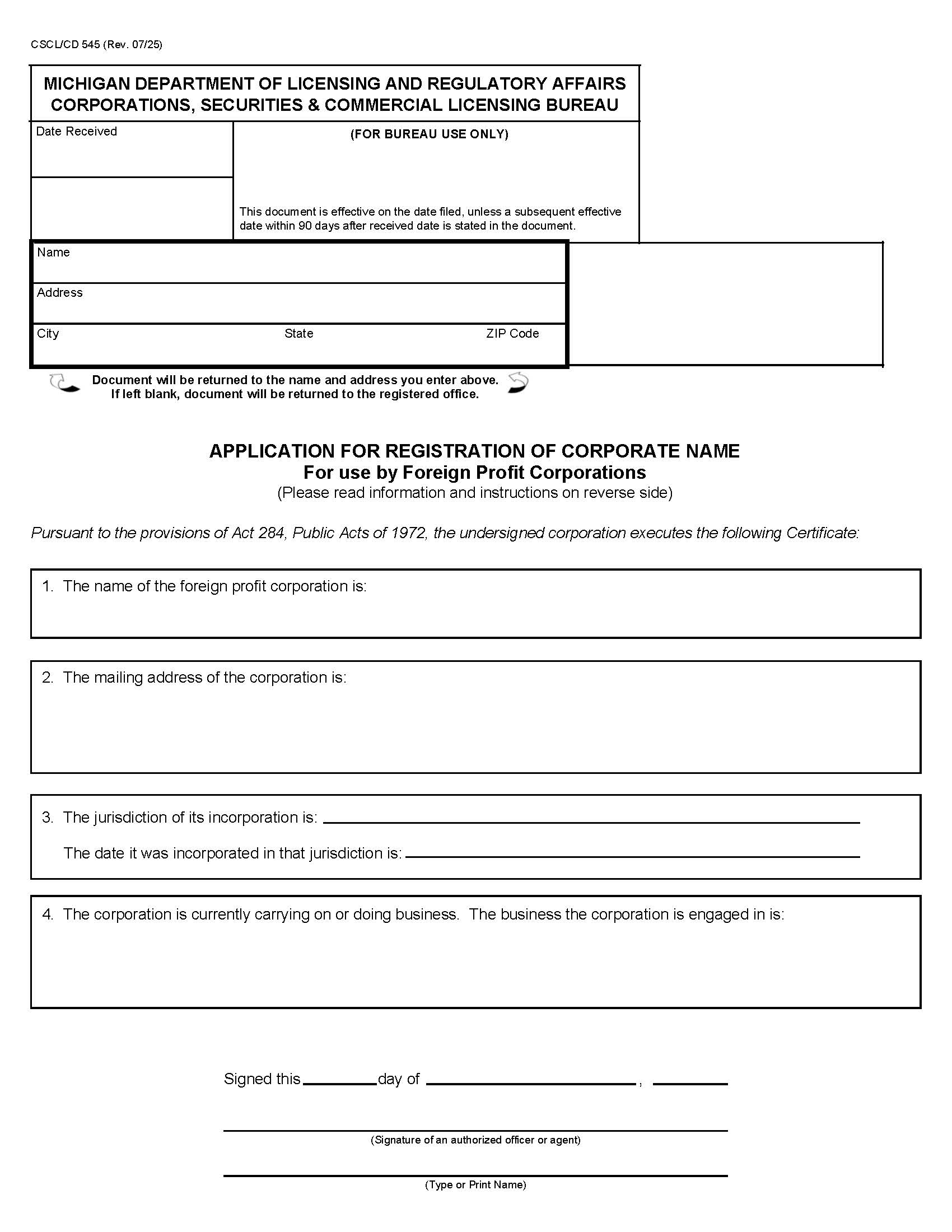 Application For Registration Of Corporate Name For Use By Foreign Profit Corps {545} | Pdf Fpdf Docx | Michigan