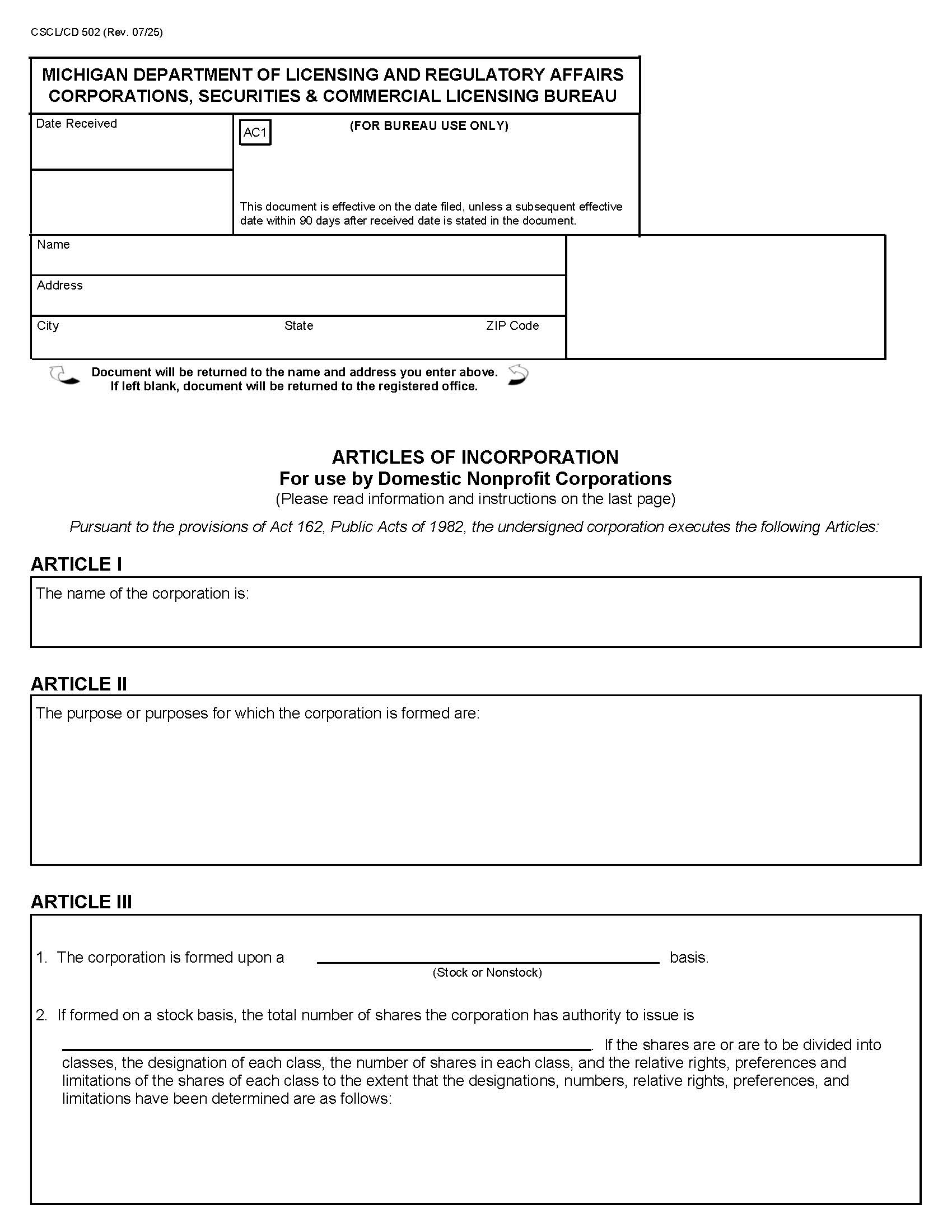 Articles Of Incorporation For Use By Domestic Nonprofit Corps {502} | Pdf Fpdf Docx | Michigan
