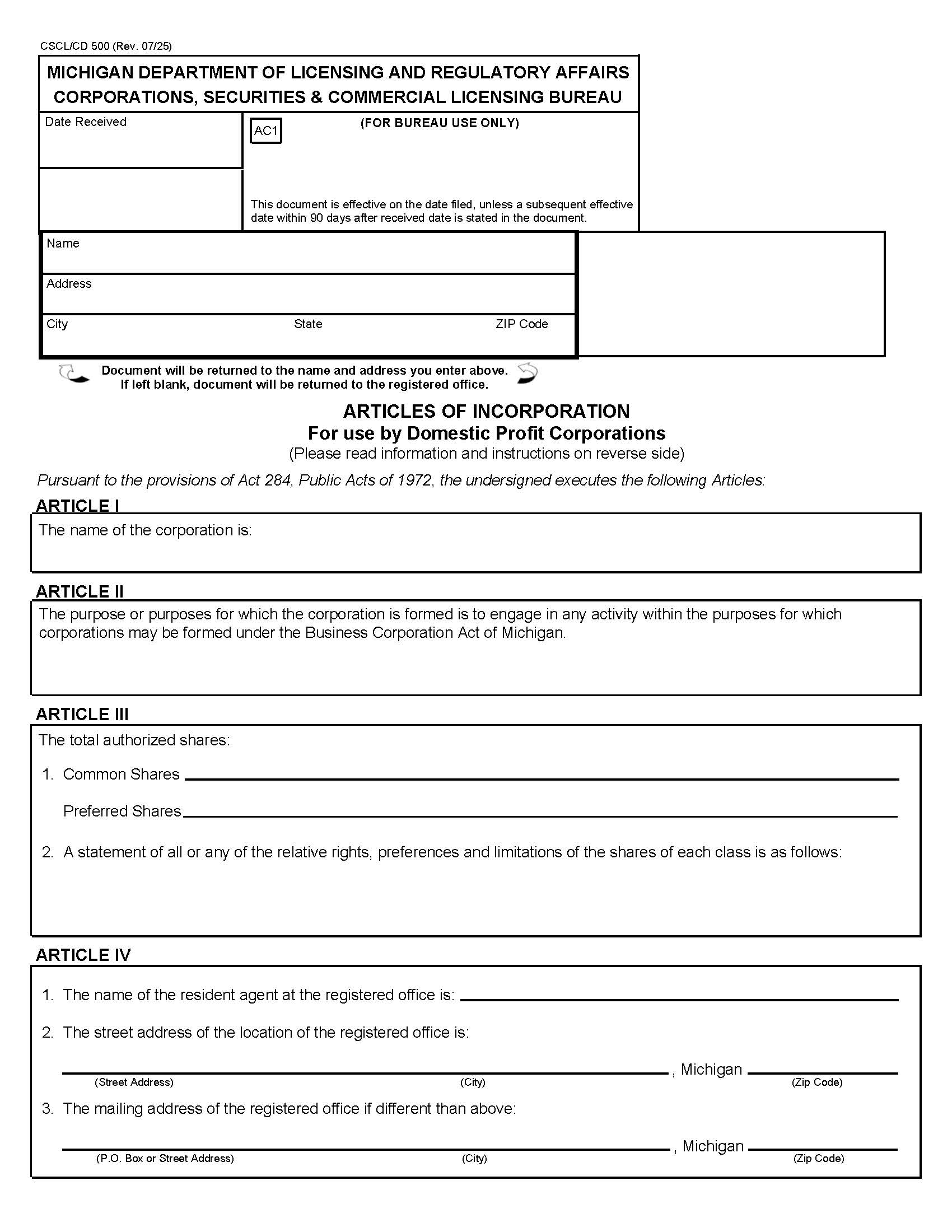 Articles Of Incorporation For Use By Domestic Profit Corps {500} | Pdf Fpdf Docx | Michigan