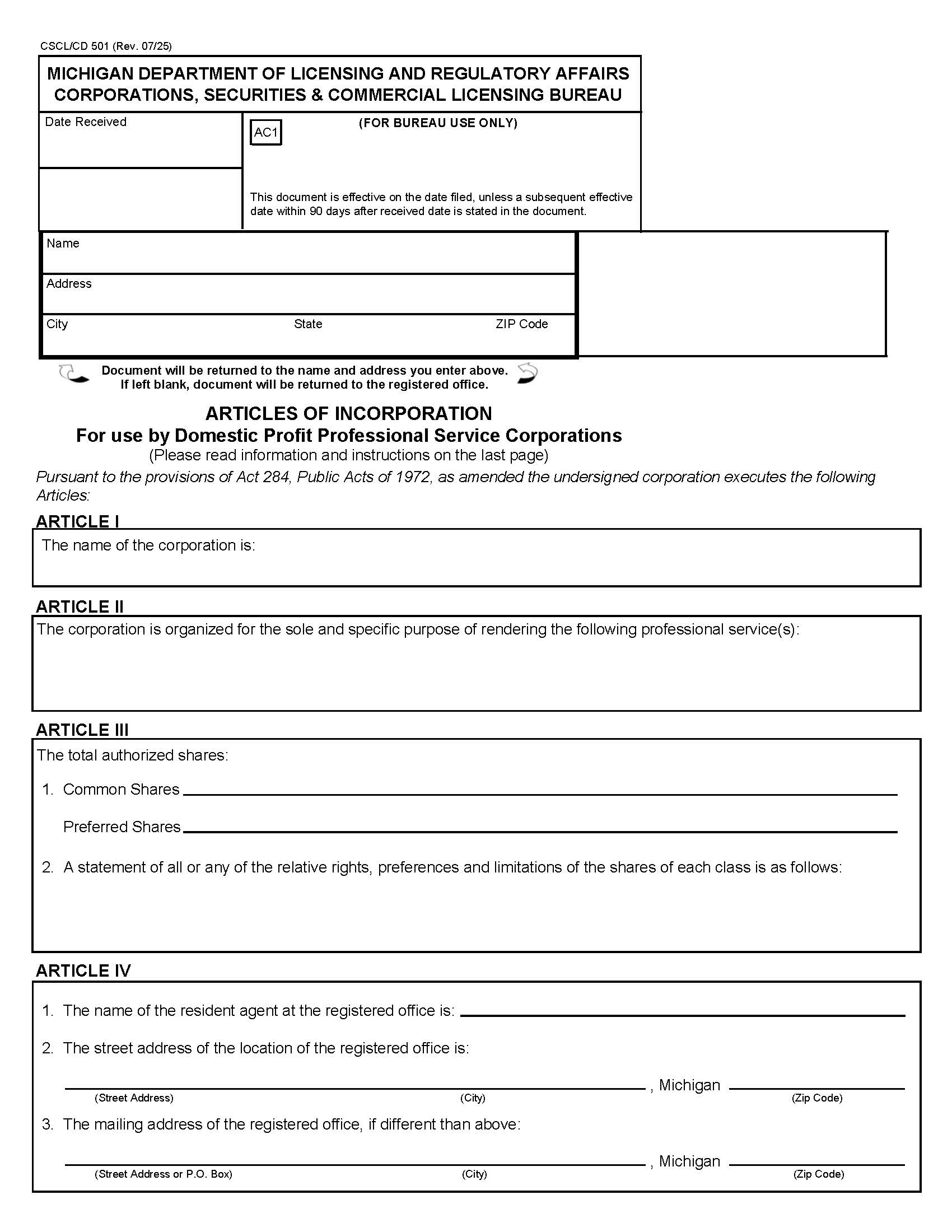Articles Of Incorporation For Use By Domestic Profit Professional Service Corps {501} | Pdf Fpdf Docx | Michigan