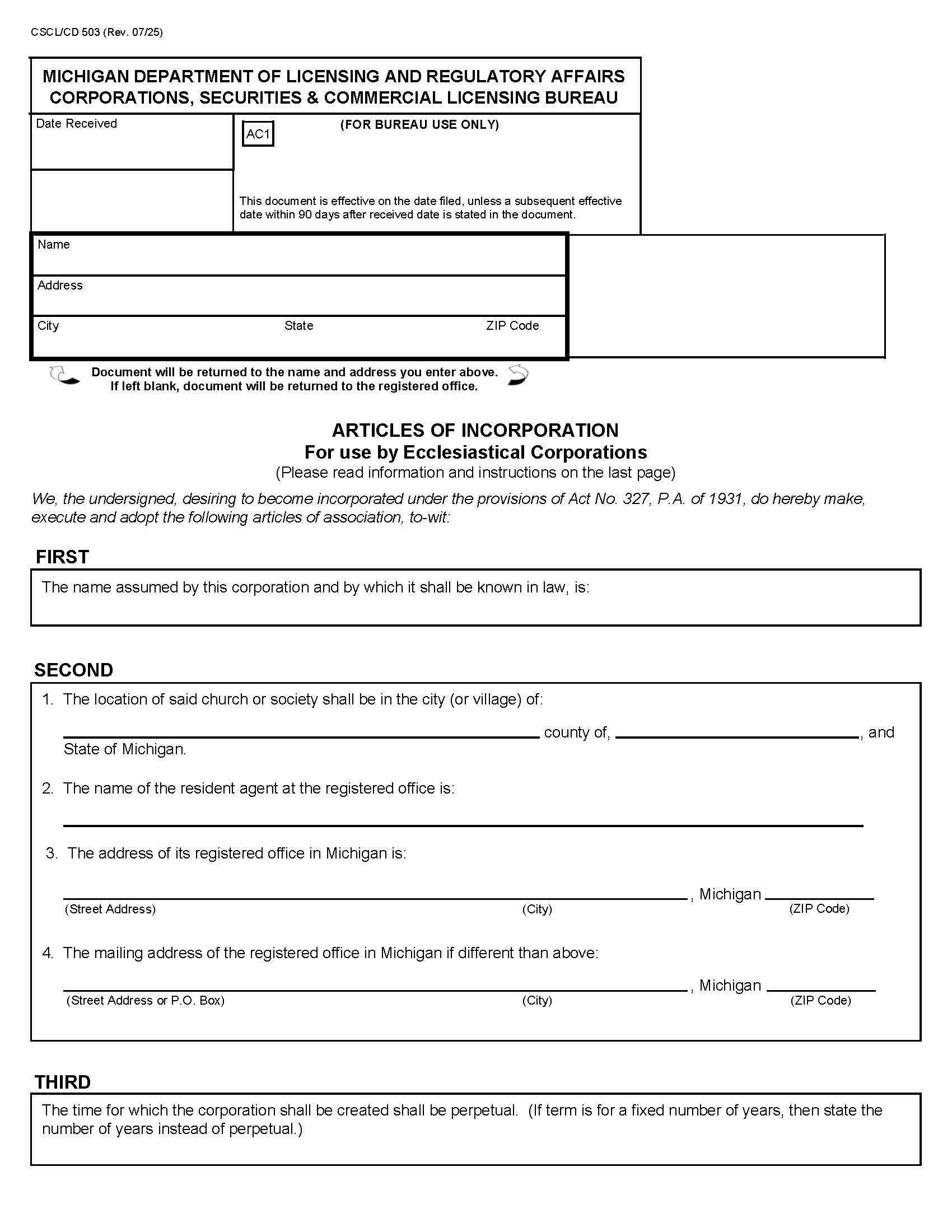 Articles Of Incorporation For Use By Ecclesiastical Corps {503} | Pdf Fpdf Docx | Michigan