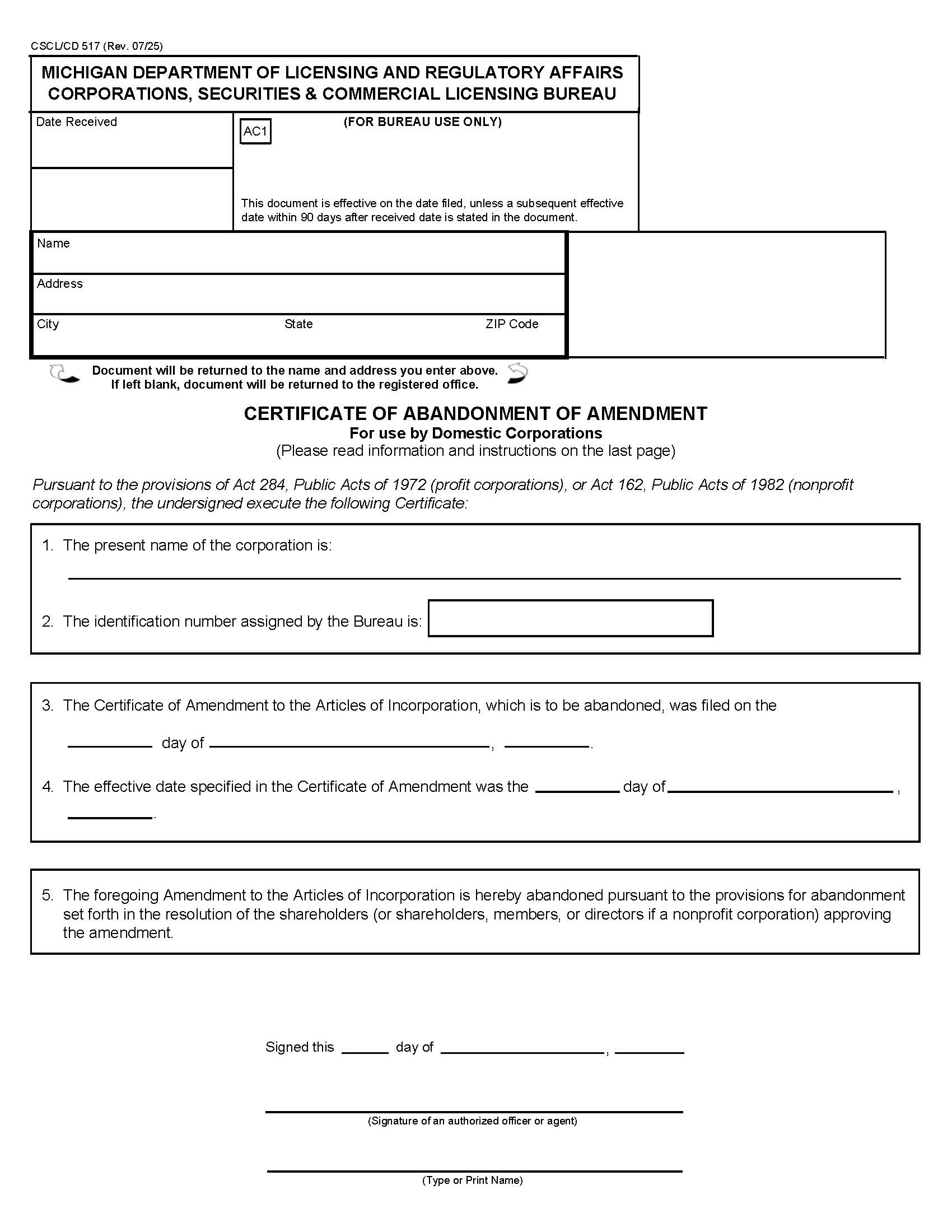 Certificate Of Abandonment Of Amendment For Use By Domestic Corps {517} | Pdf Fpdf Docx | Michigan