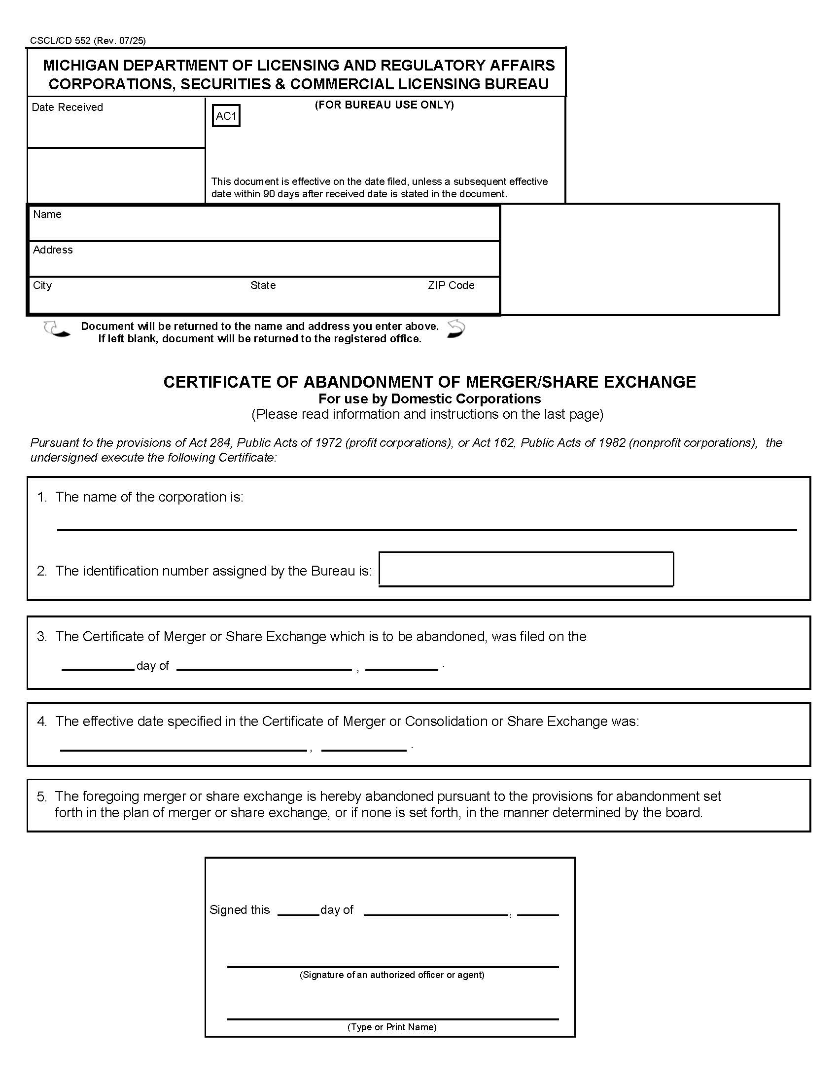 Certificate Of Abandonment Of Merger Or Consolidation Or Share Exchange For Use By Domestic Corps {552} | Pdf Fpdf Docx | Michigan