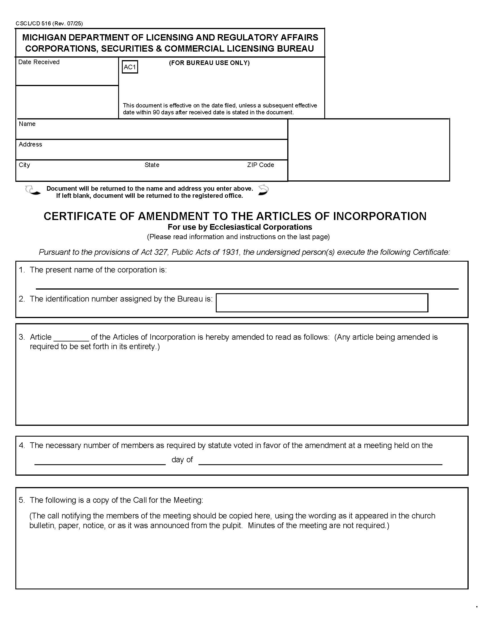 Certificate Of Amendment To Articles Of Incorporation For Use By Ecclesiastical Corps {516} | Pdf Fpdf Docx | Michigan