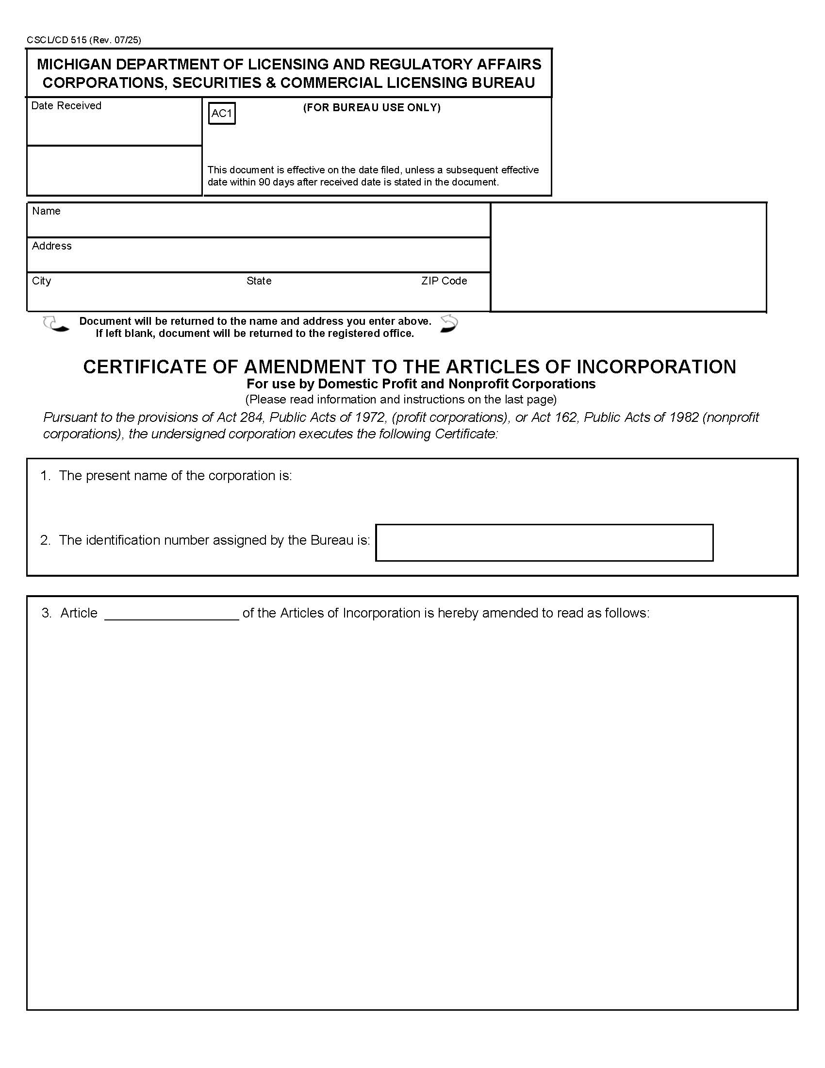 Certificate Of Amendment To Articles Of Incorporation For Use By Nonprofit Corps {515} | Pdf Fpdf Docx | Michigan