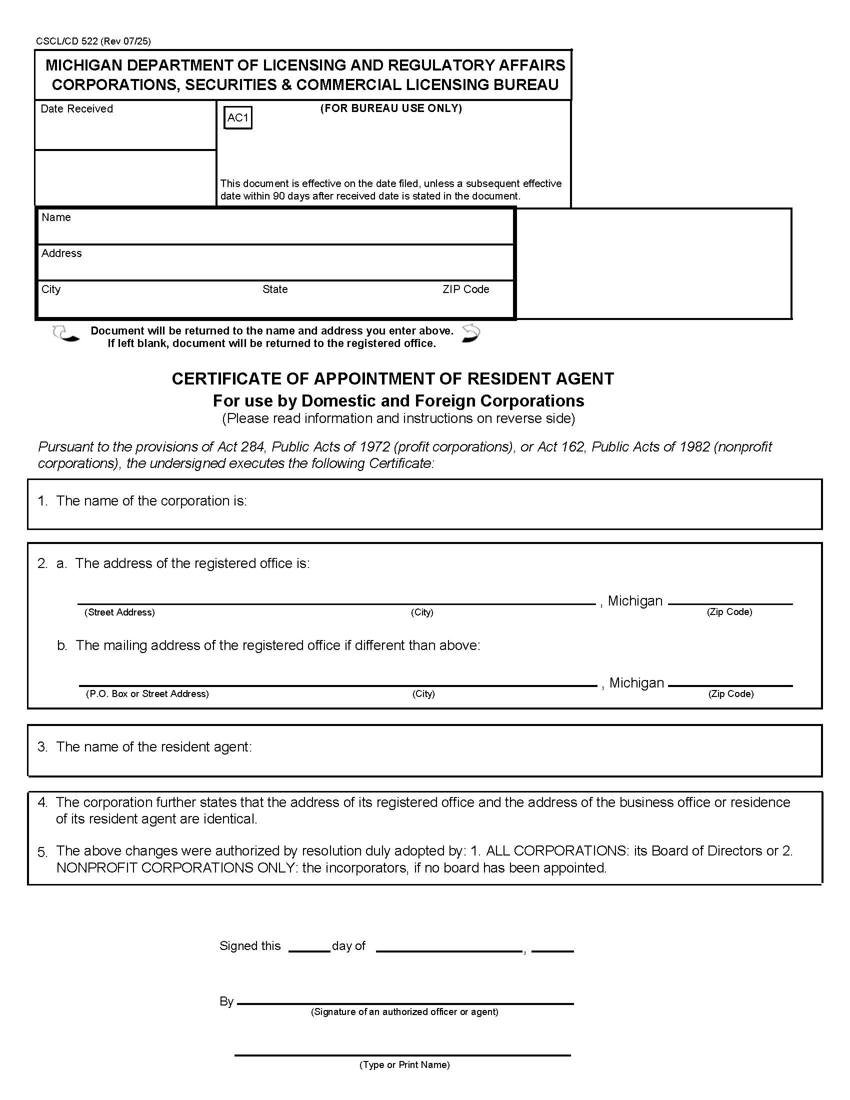 Certificate Of Appointment Of Resident Agent For Use By Domestic Corps {522} | Pdf Fpdf Docx | Michigan