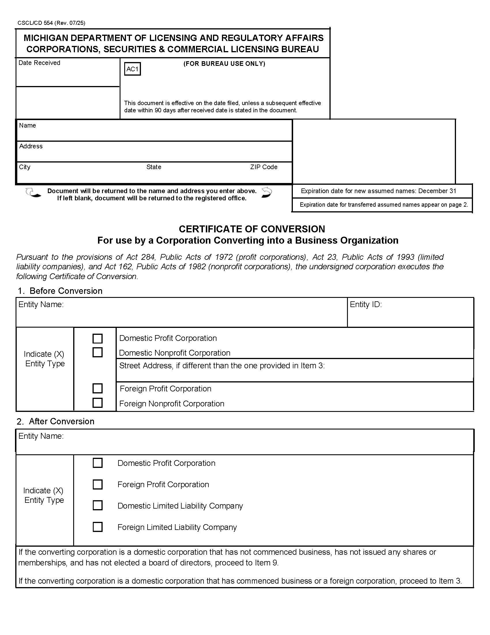 Certificate Of Conversion {554} | Pdf Fpdf Docx | Michigan