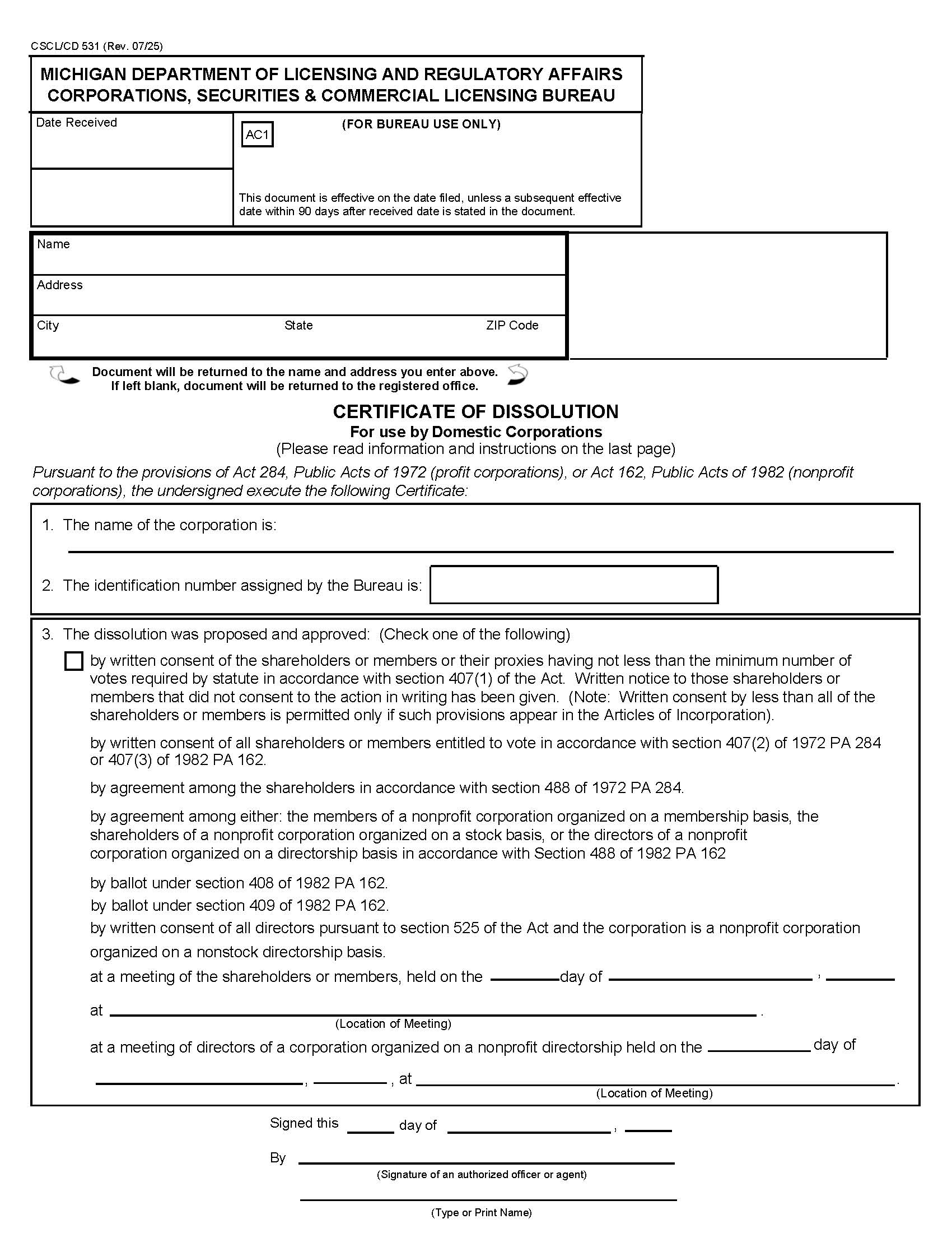 Certificate Of Dissolution For Use By Domestic Corps {531} | Pdf Fpdf Docx | Michigan