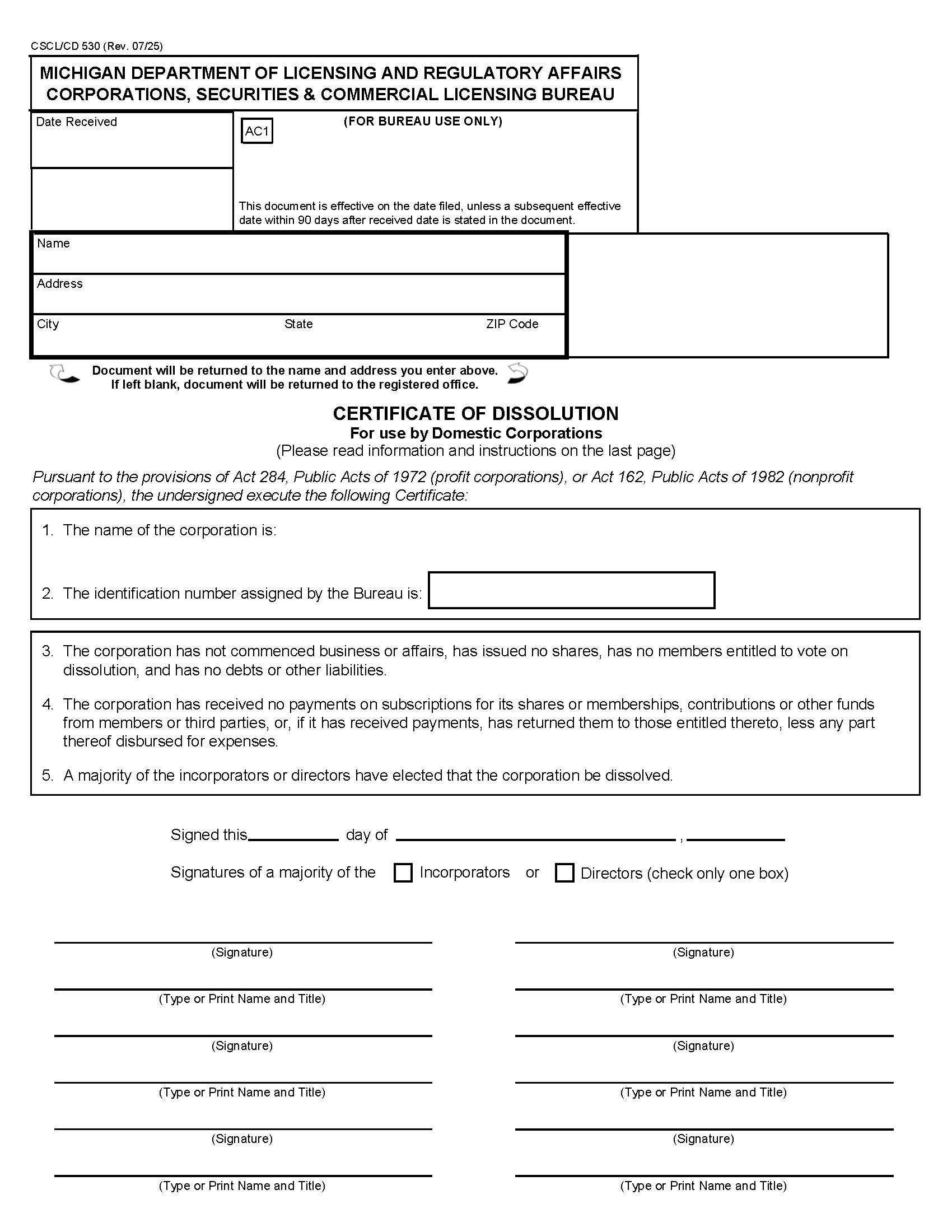 Certificate Of Dissolution For Use By Domestic Corps (Before Commencement) {530} | Pdf Fpdf Docx | Michigan