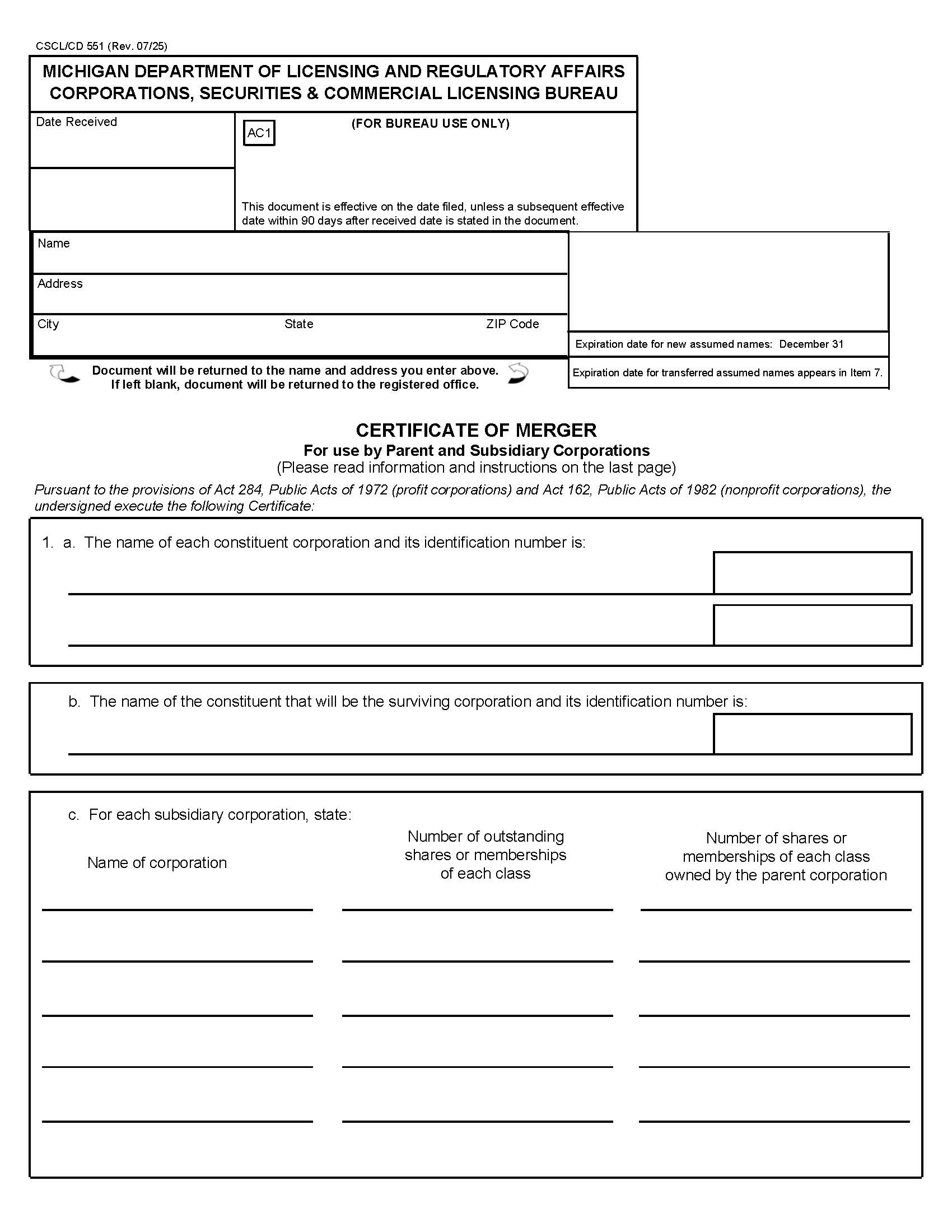 Certificate Of Merger For Use By Parent And Subsidiary Profit Corps {551} | Pdf Fpdf Docx | Michigan