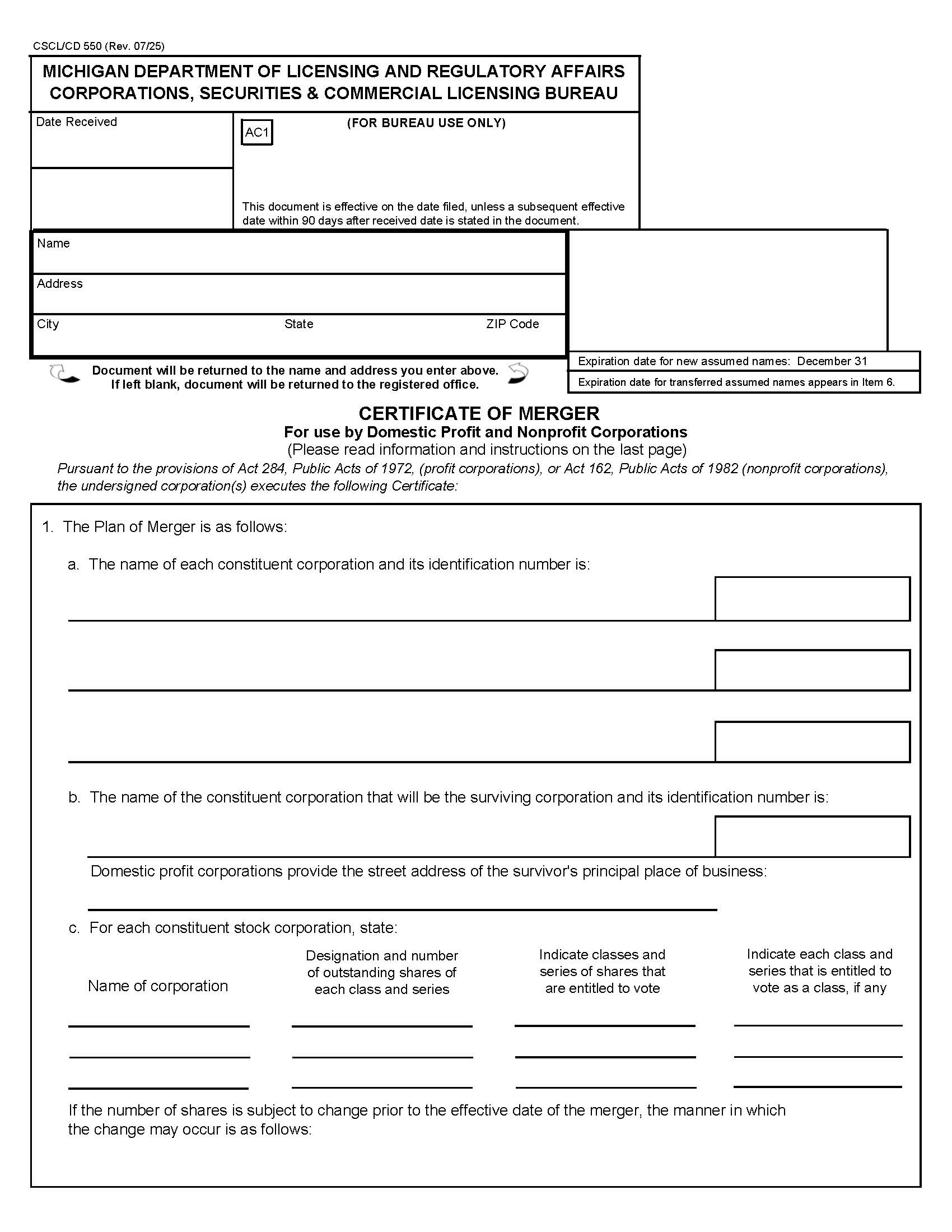 Certificate Of Merger Or Consolidation For Use By Domestic Nonprofit Corporations {550} | Pdf Fpdf Docx | Michigan