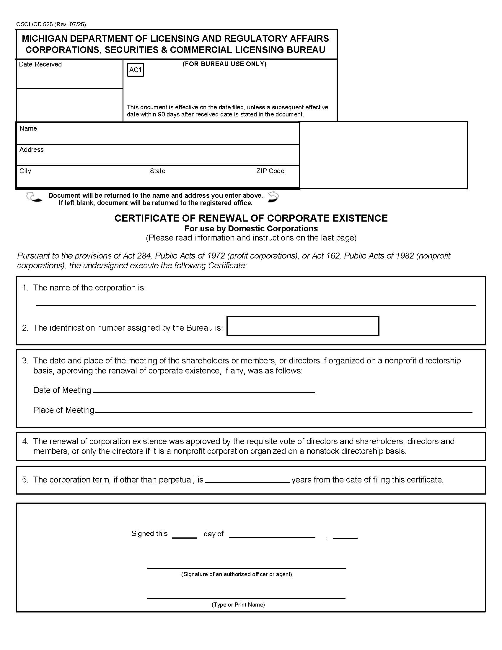 Certificate Of Renewal Of Corporate Existence For Use By Domestic Corps {525} | Pdf Fpdf Docx | Michigan