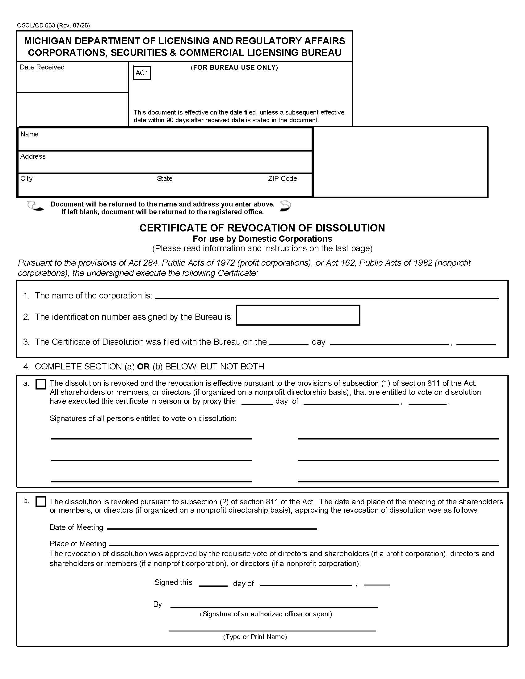 Certificate Of Revocation Of Dissolution For Use By Domestic Corps {533} | Pdf Fpdf Docx | Michigan