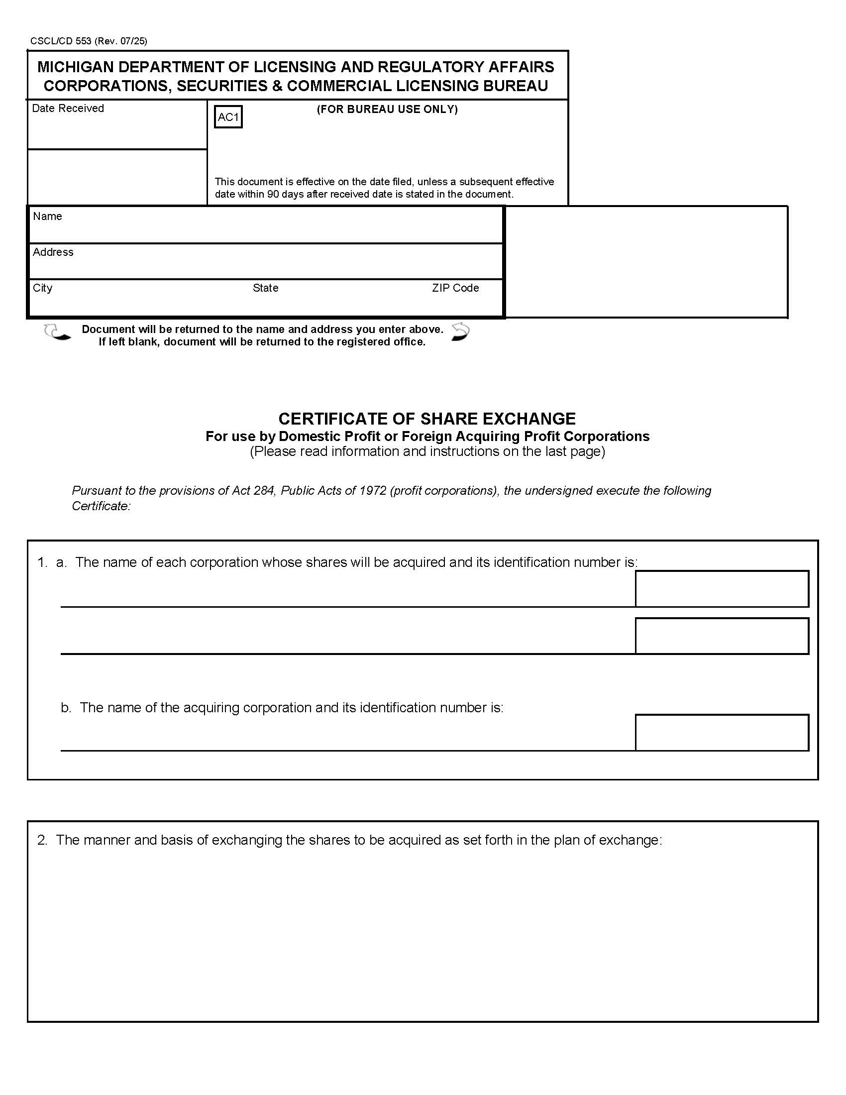 Certificate Of Share Exchange For Domestic Or Foreign Profit Corps {553} | Pdf Fpdf Docx | Michigan