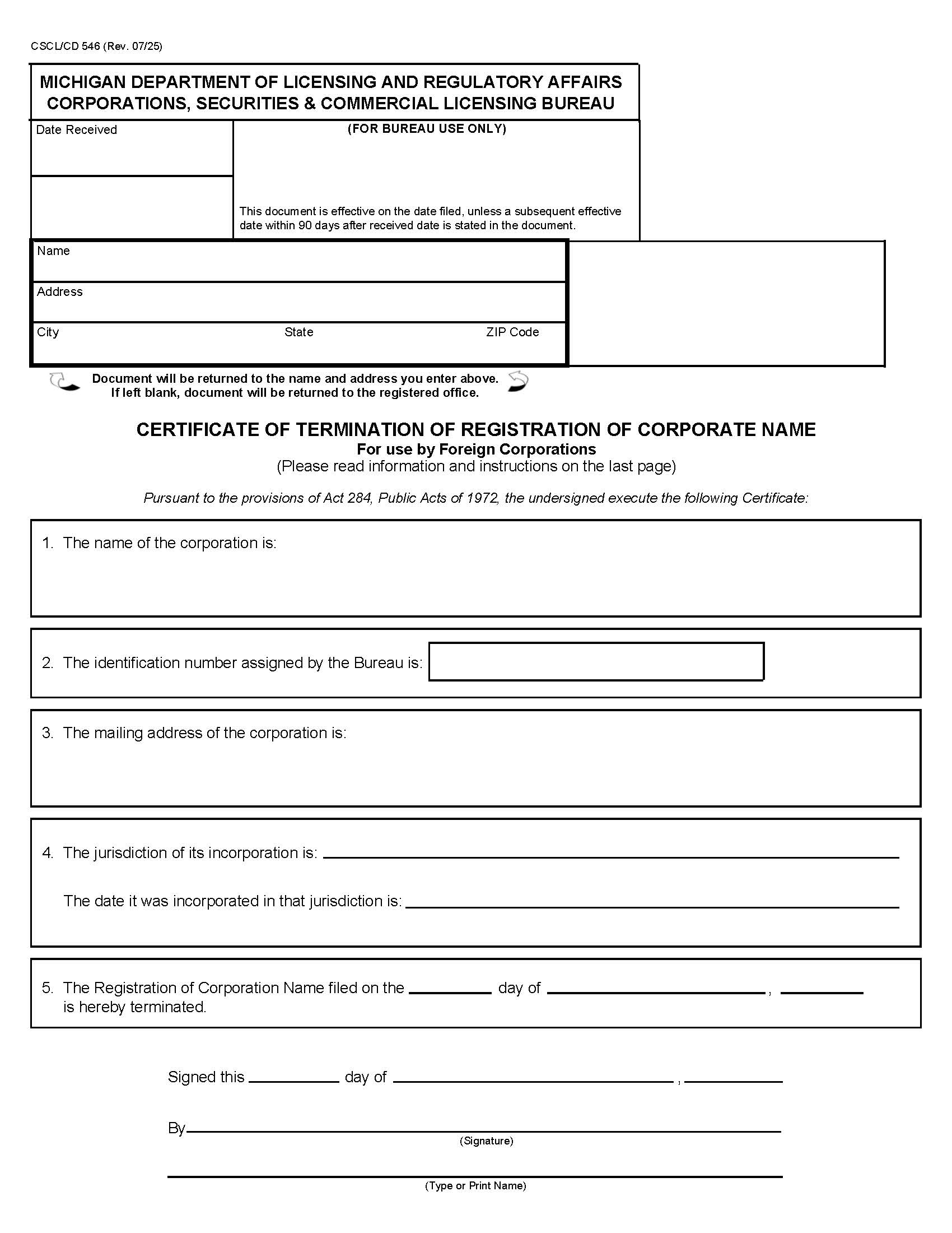Certificate Of Termination Of Registration Of Corporate Name For Use By Foreign Corps {546} | Pdf Fpdf Docx | Michigan