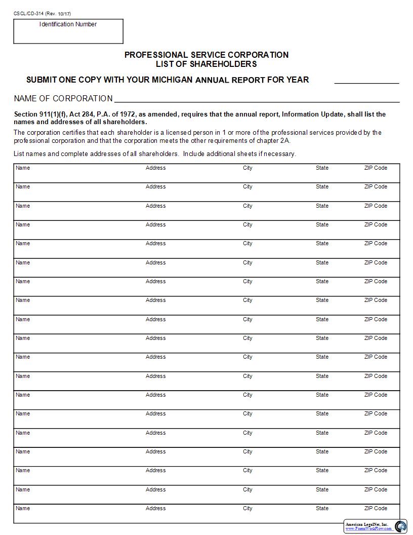 Professional Service Corporation List Of Shareholders {314} | Pdf Fpdf Docx | Michigan