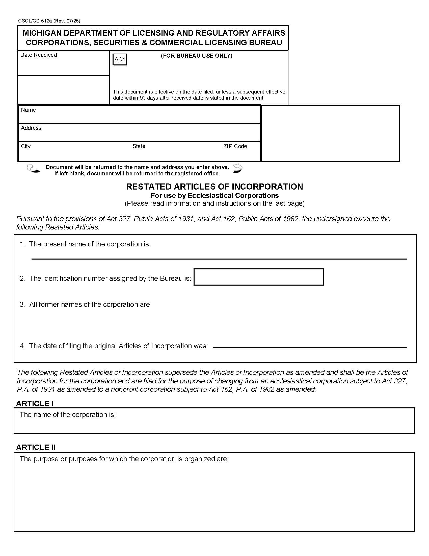 Restated Articles Of Incorporation {512a} | Pdf Fpdf Docx | Michigan