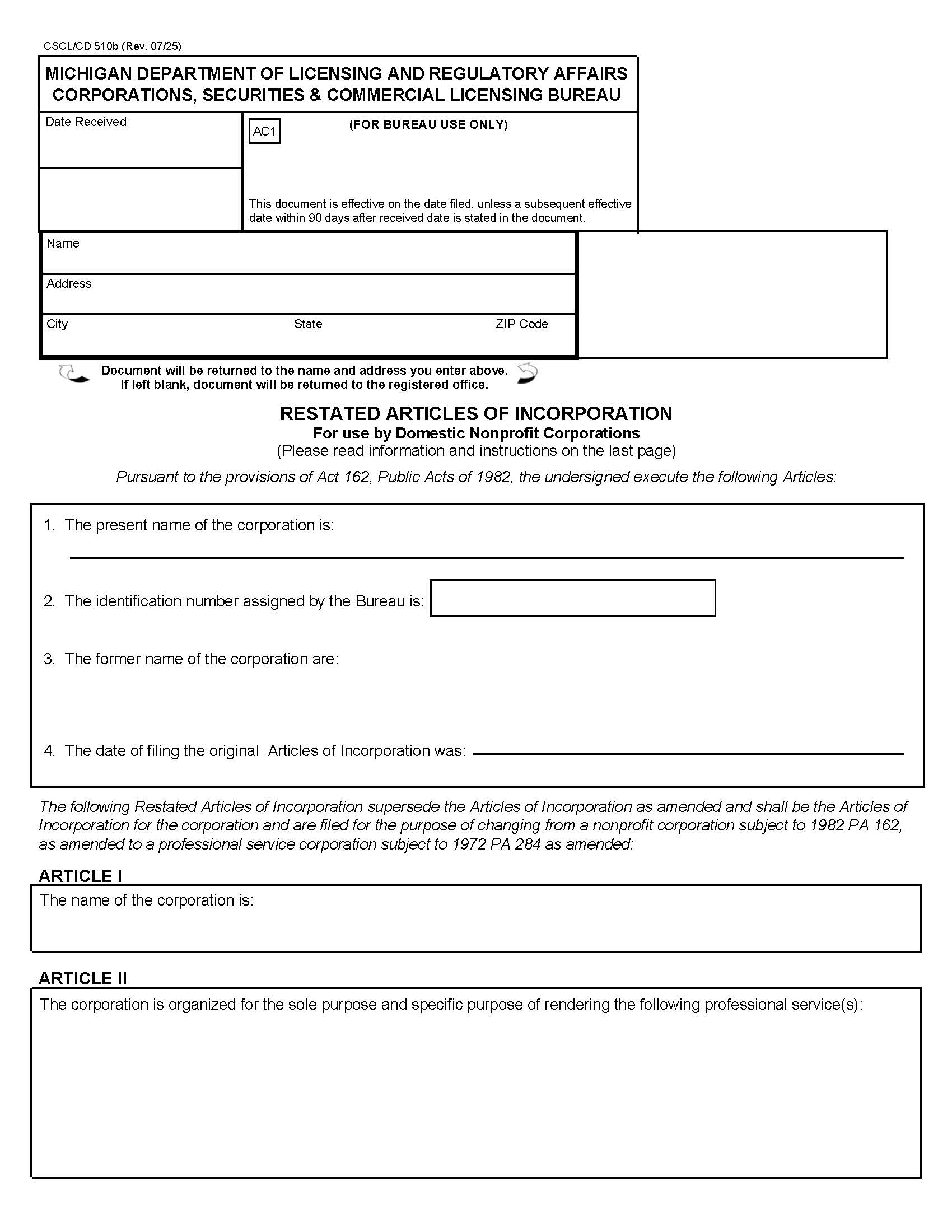 Restated Articles Of Incorporation For Use By Domestic Nonprofit Corporations {510b} | Pdf Fpdf Docx | Michigan