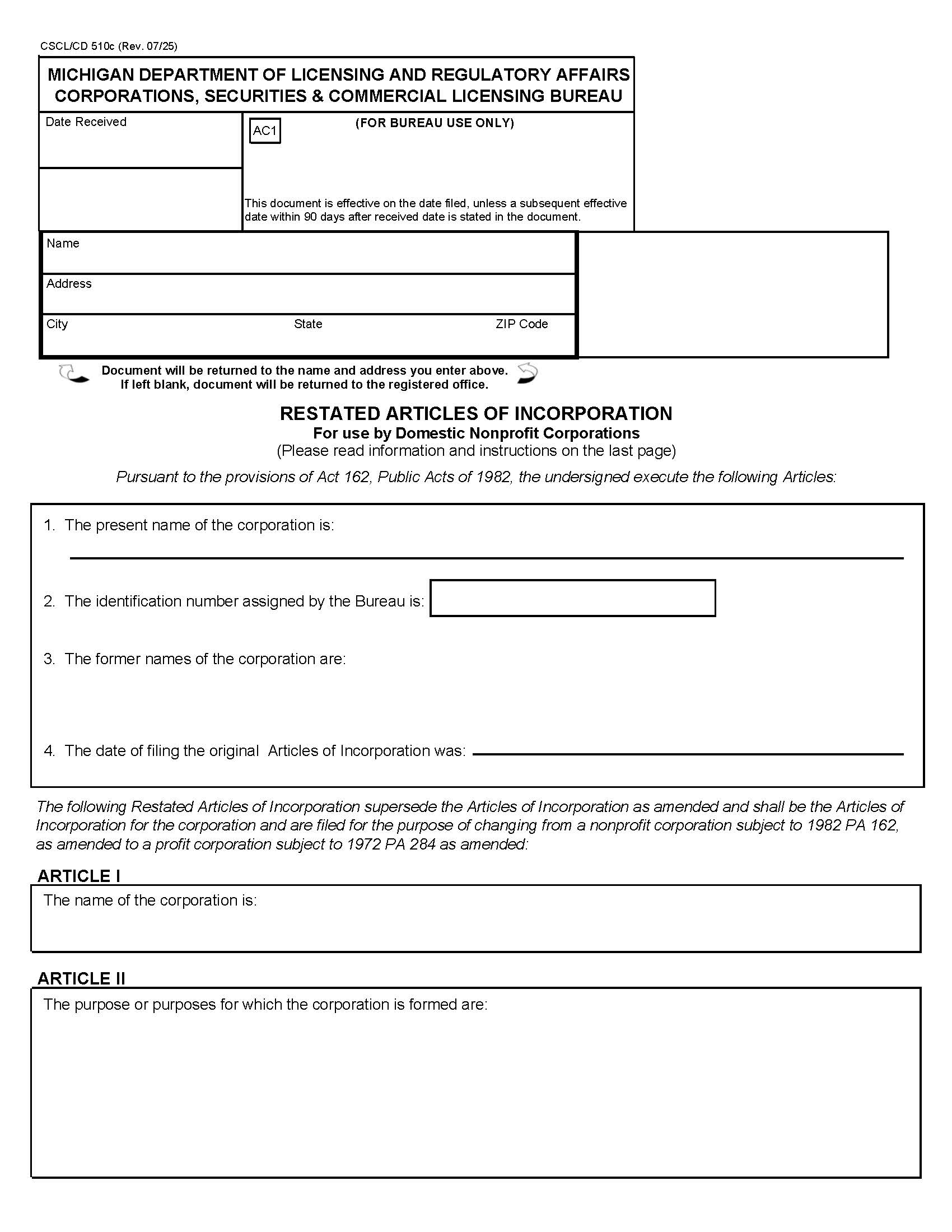 Restated Articles Of Incorporation For Use By Domestic Nonprofit Corporations {510c} | Pdf Fpdf Docx | Michigan