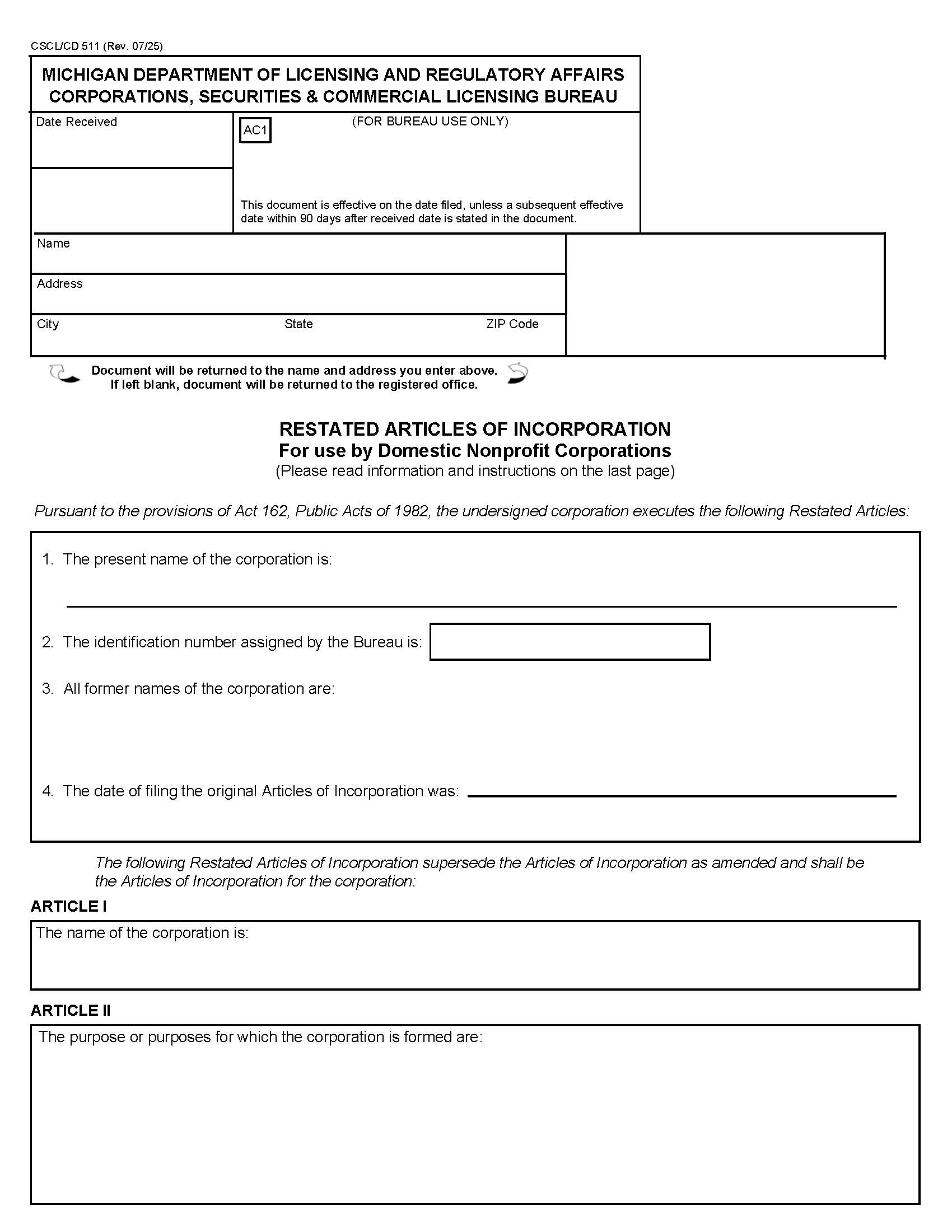 Restated Articles Of Incorporation For Use By Domestic Nonprofit Corps {511} | Pdf Fpdf Docx | Michigan