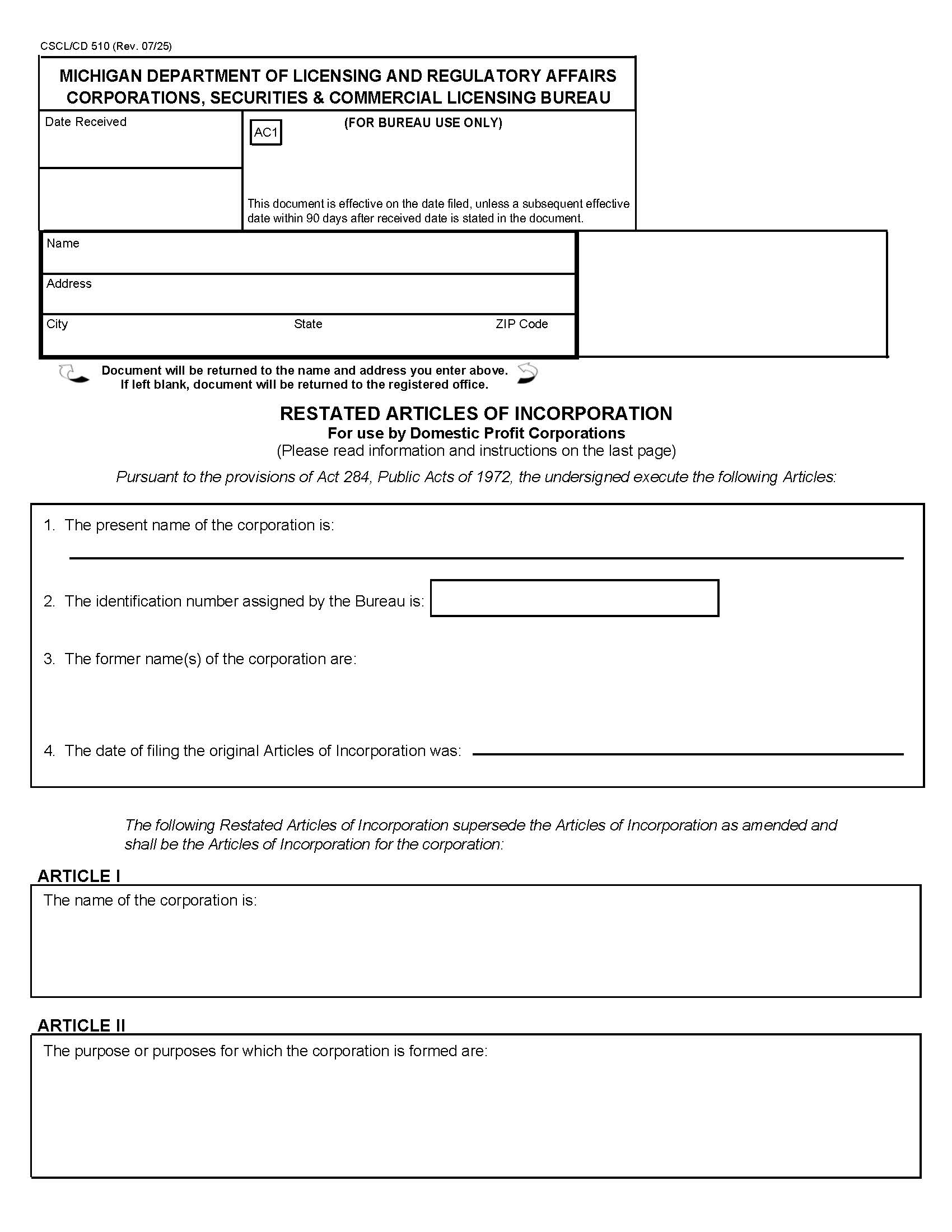 Restated Articles Of Incorporation For Use By Domestic Profit Corporation {510} | Pdf Fpdf Docx | Michigan