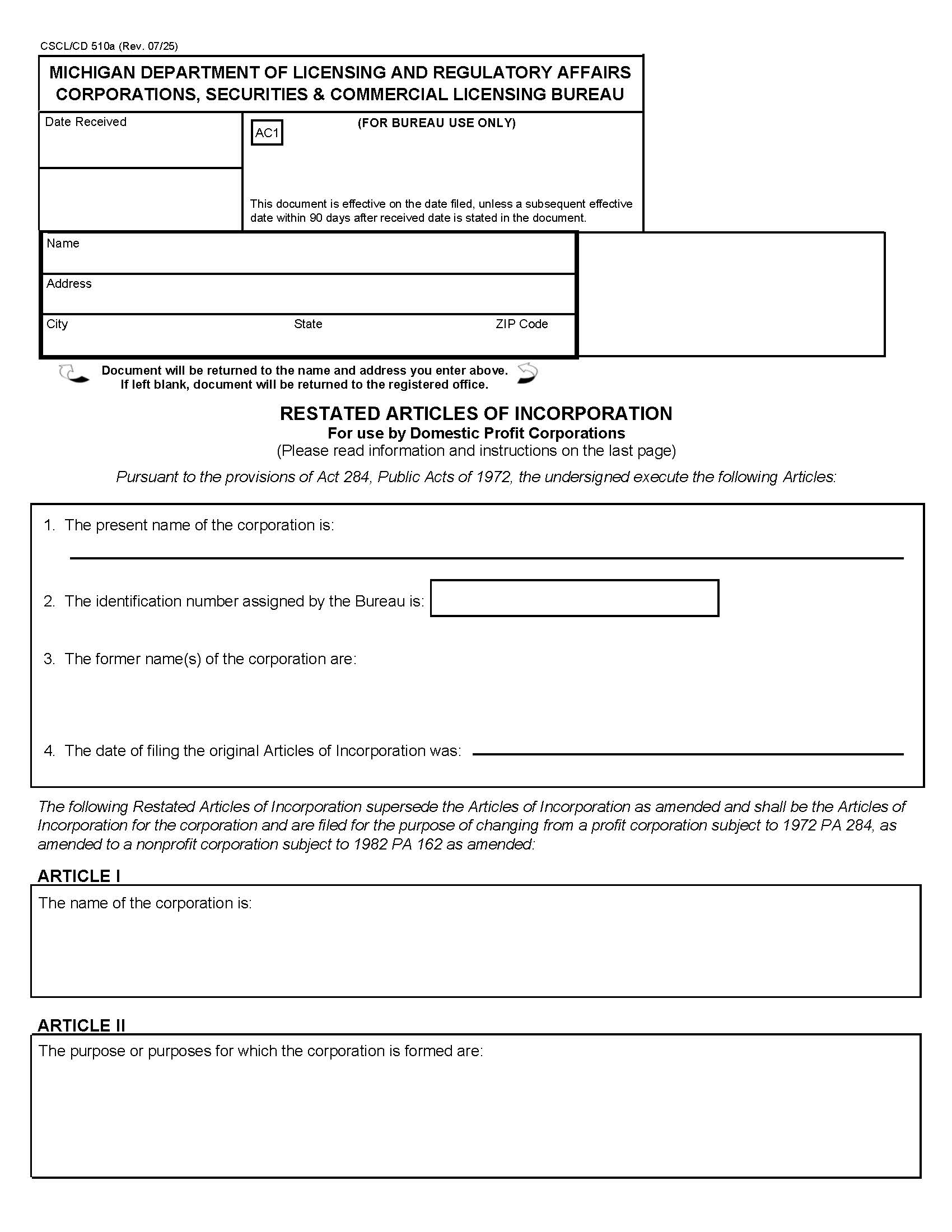 Restated Articles Of Incorporation For Use By Domestic Profit Corporations {510a} | Pdf Fpdf Docx | Michigan
