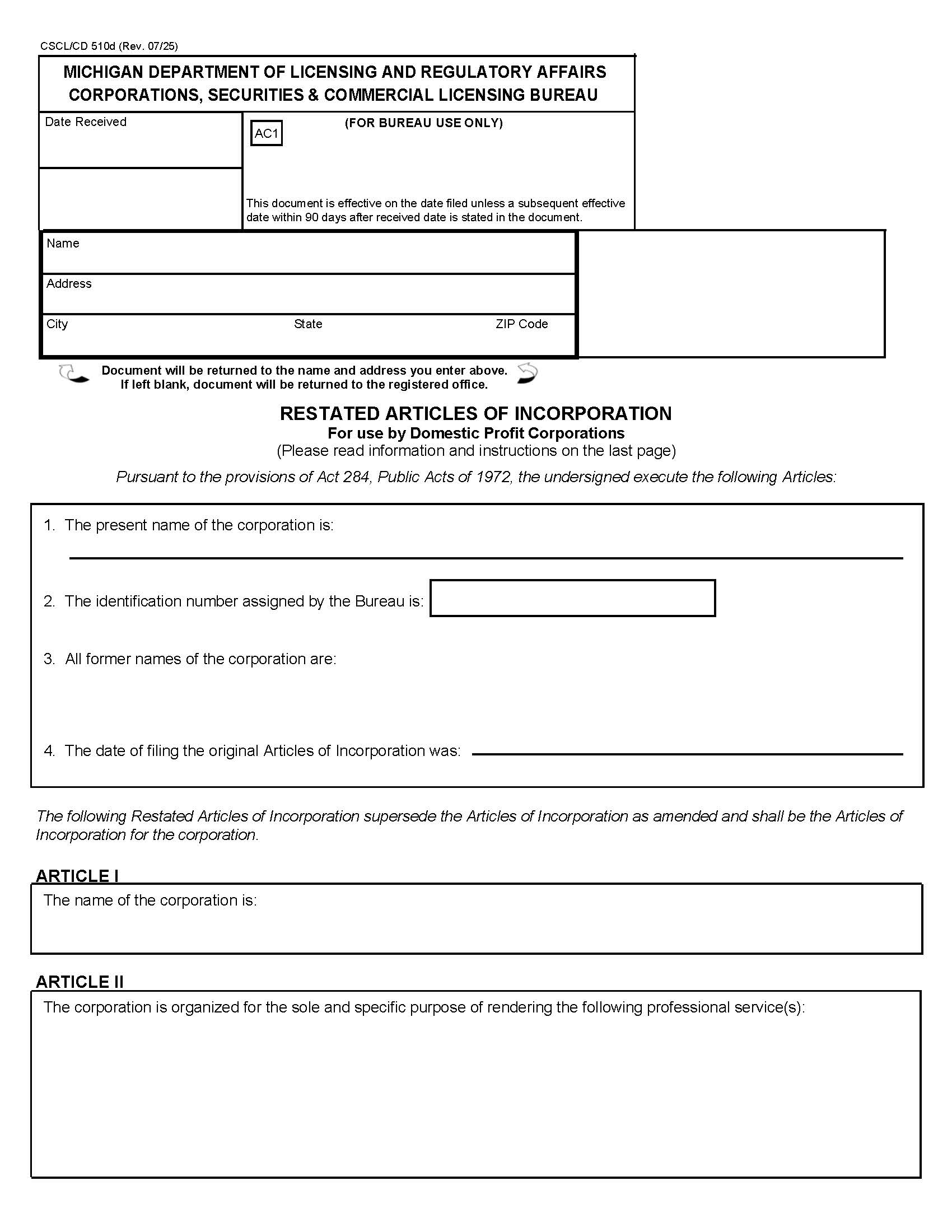 Restated Articles Of Incorporation For Use By Domestic Profit Corporations {510d} | Pdf Fpdf Docx | Michigan