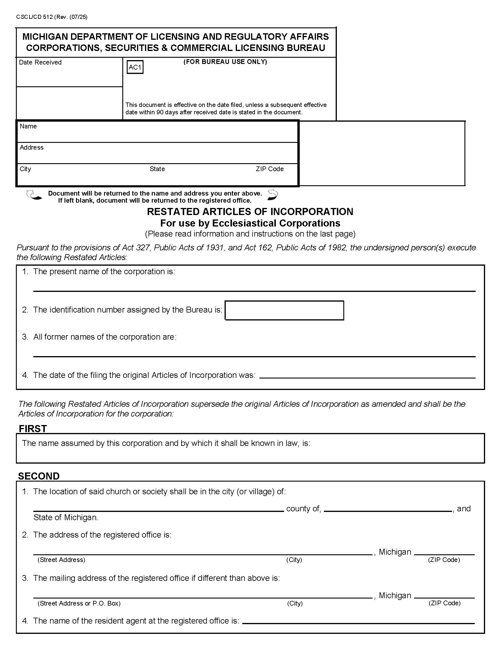 Restated Articles Of Incorporation For Use By Ecclesiastical Corps {512} | Pdf Fpdf Docx | Michigan