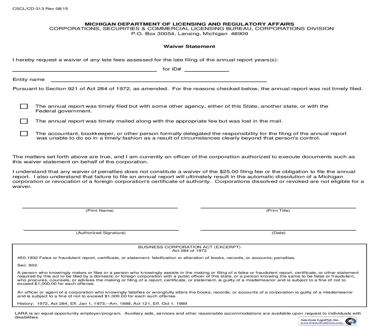 Waiver Statement {313} | Pdf Fpdf Doc Docx | Michigan