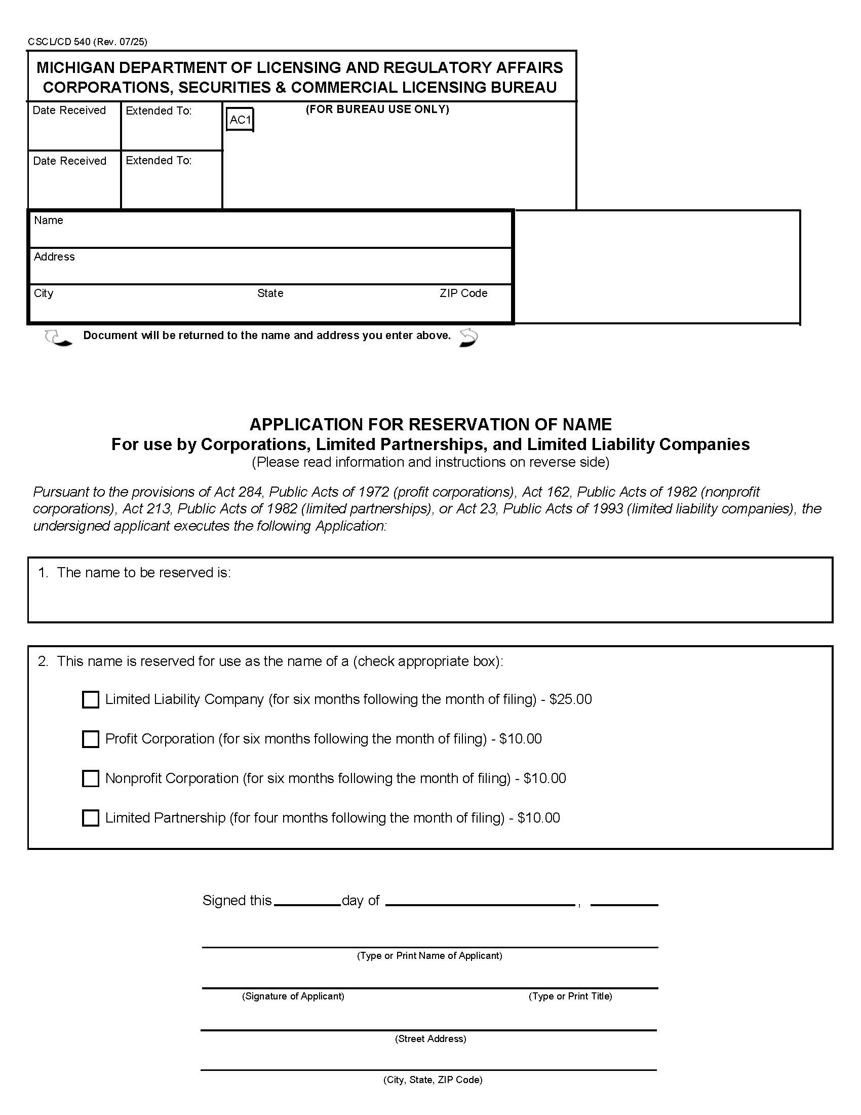 Application For Reservation Of Name For Use By Corps LPs And LLCs {540} | Pdf Fpdf Docx | Michigan