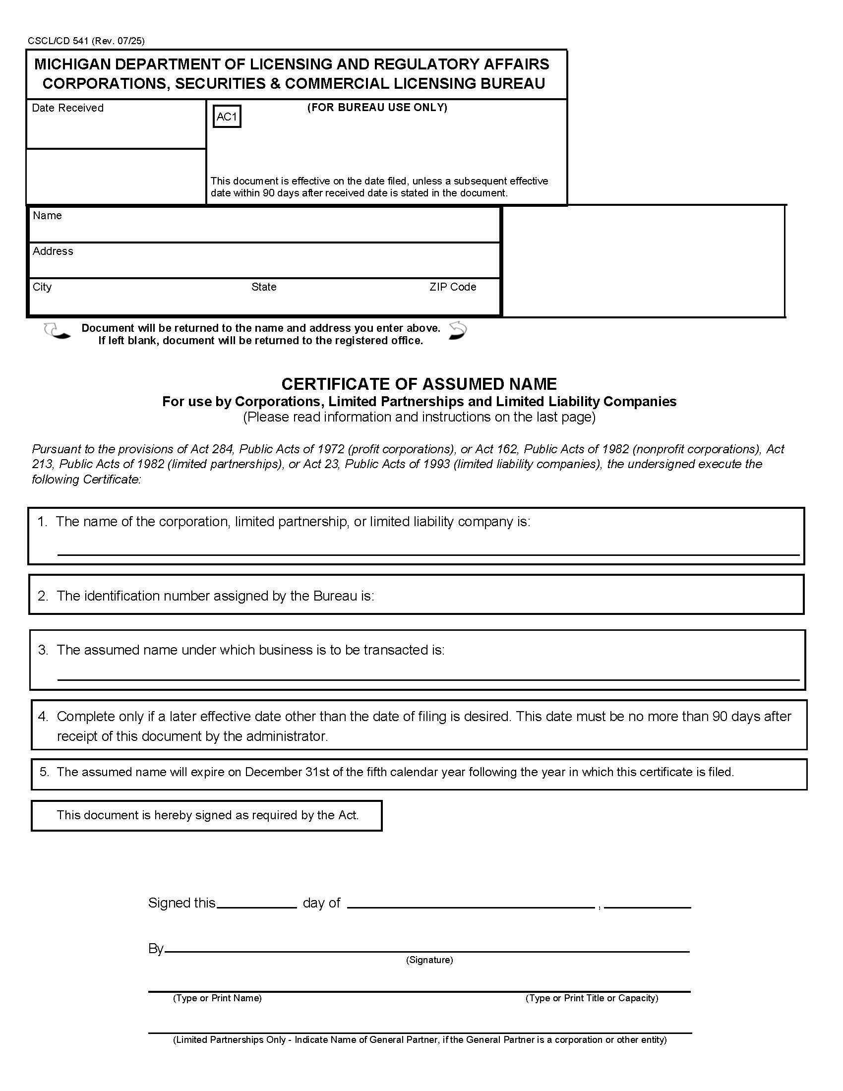 Certificate Of Assumed Name For Use By Corps LPs And LLCs {541} | Pdf Fpdf Docx | Michigan