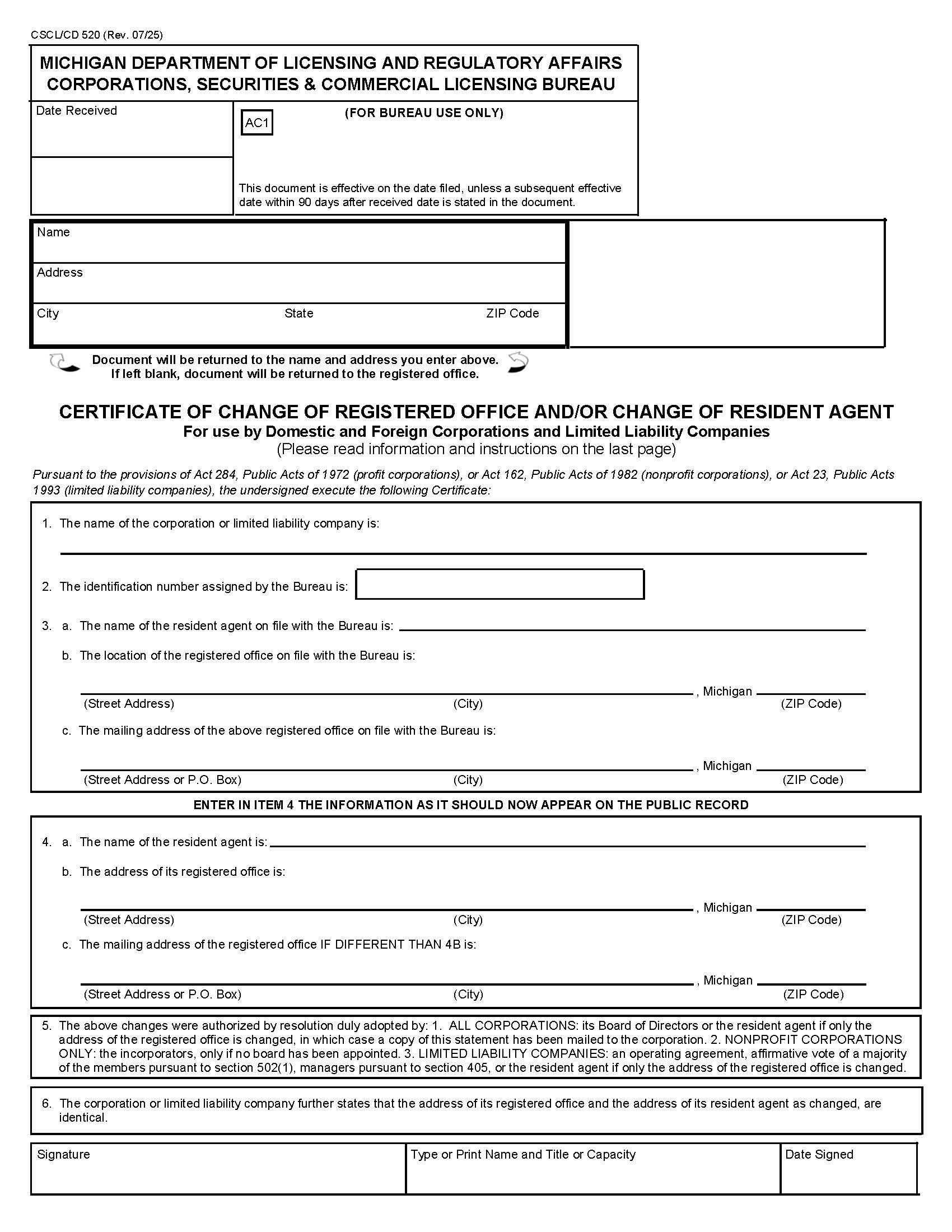 Certificate Of Change Of Registered Office And Or Change Of Resident Agent {520} | Pdf Fpdf Docx | Michigan