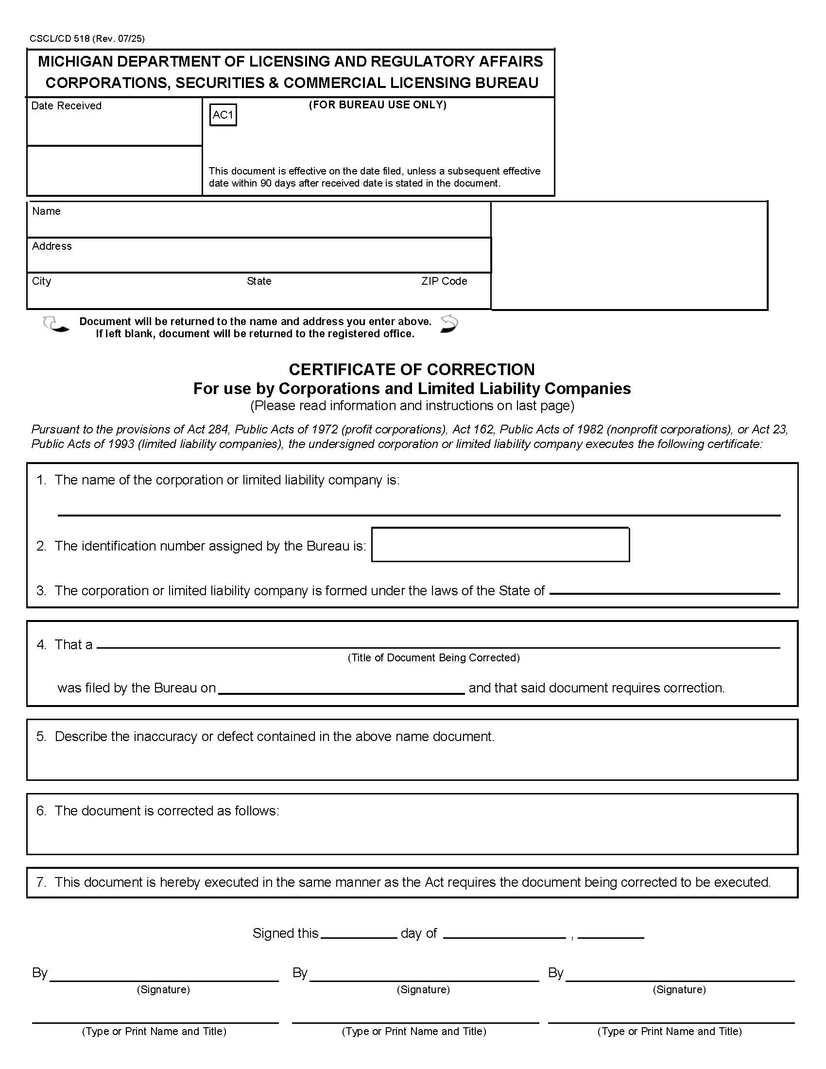 Certificate Of Correction {518} | Pdf Fpdf Docx | Michigan