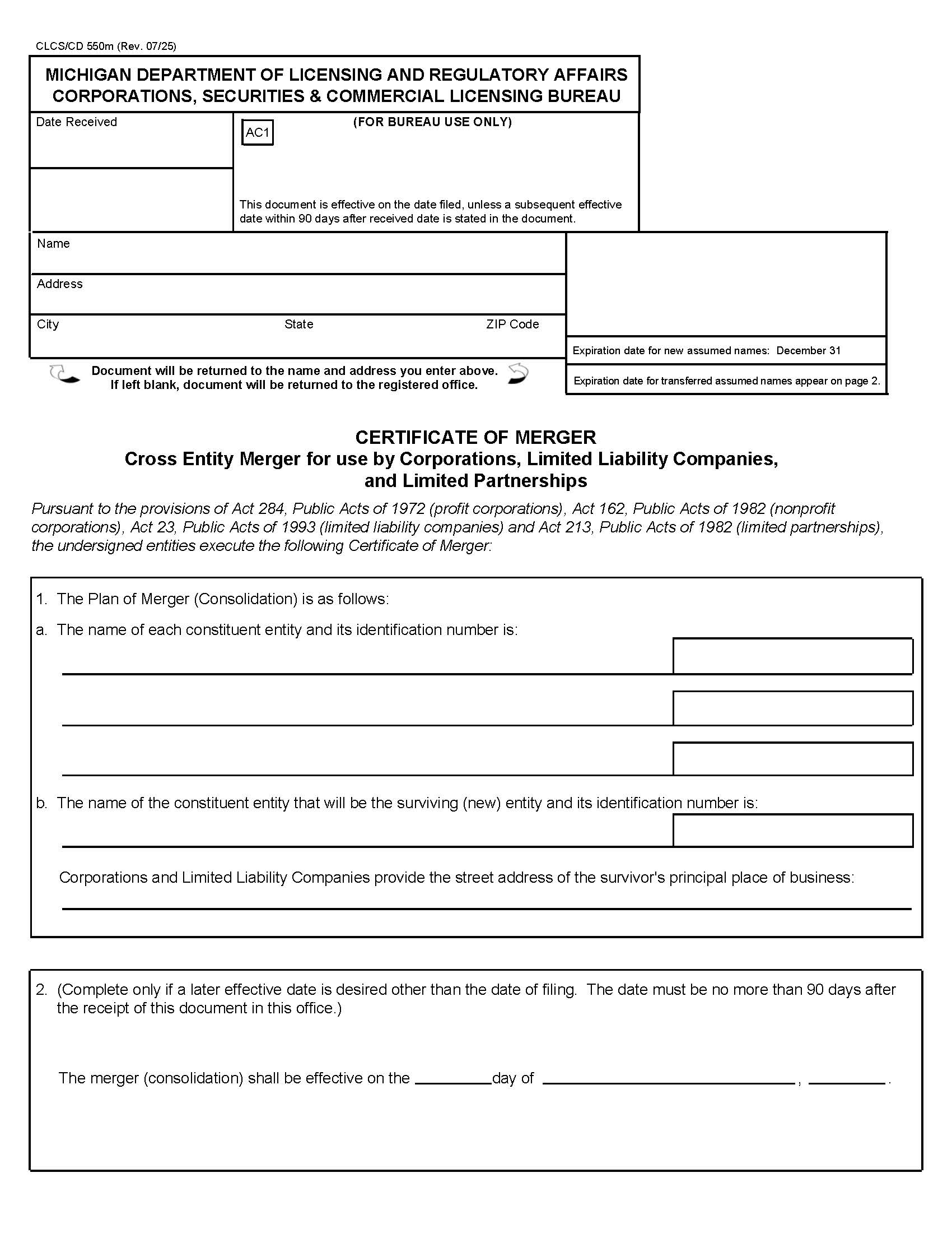 Certificate Of Merger Cross Entity Merger For Use By Profit Corps LLCs And LPs {550M} | Pdf Fpdf Docx | Michigan