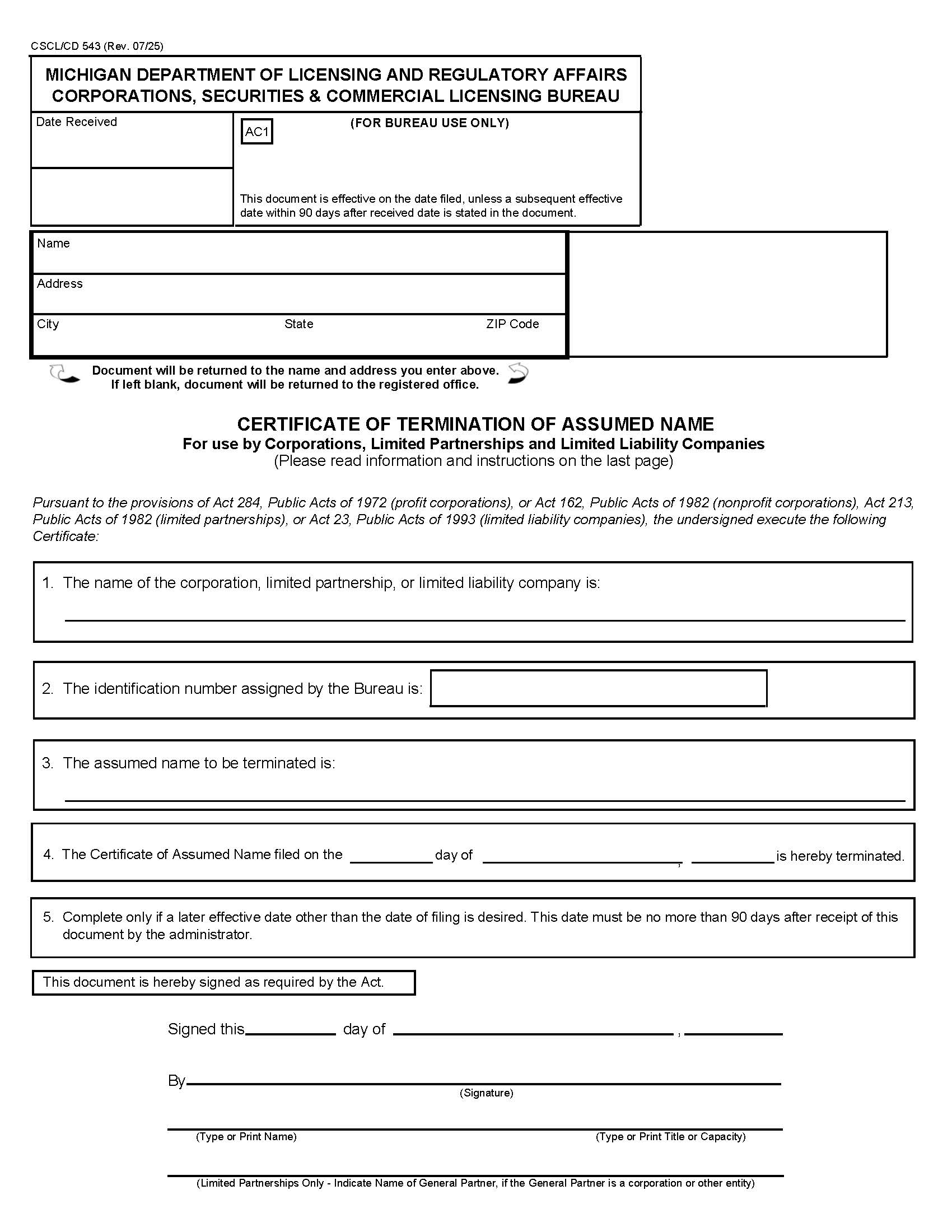 Certificate Of Termination Of Assumed Name For Use By Corps LPs And LLCs {543} | Pdf Fpdf Docx | Michigan