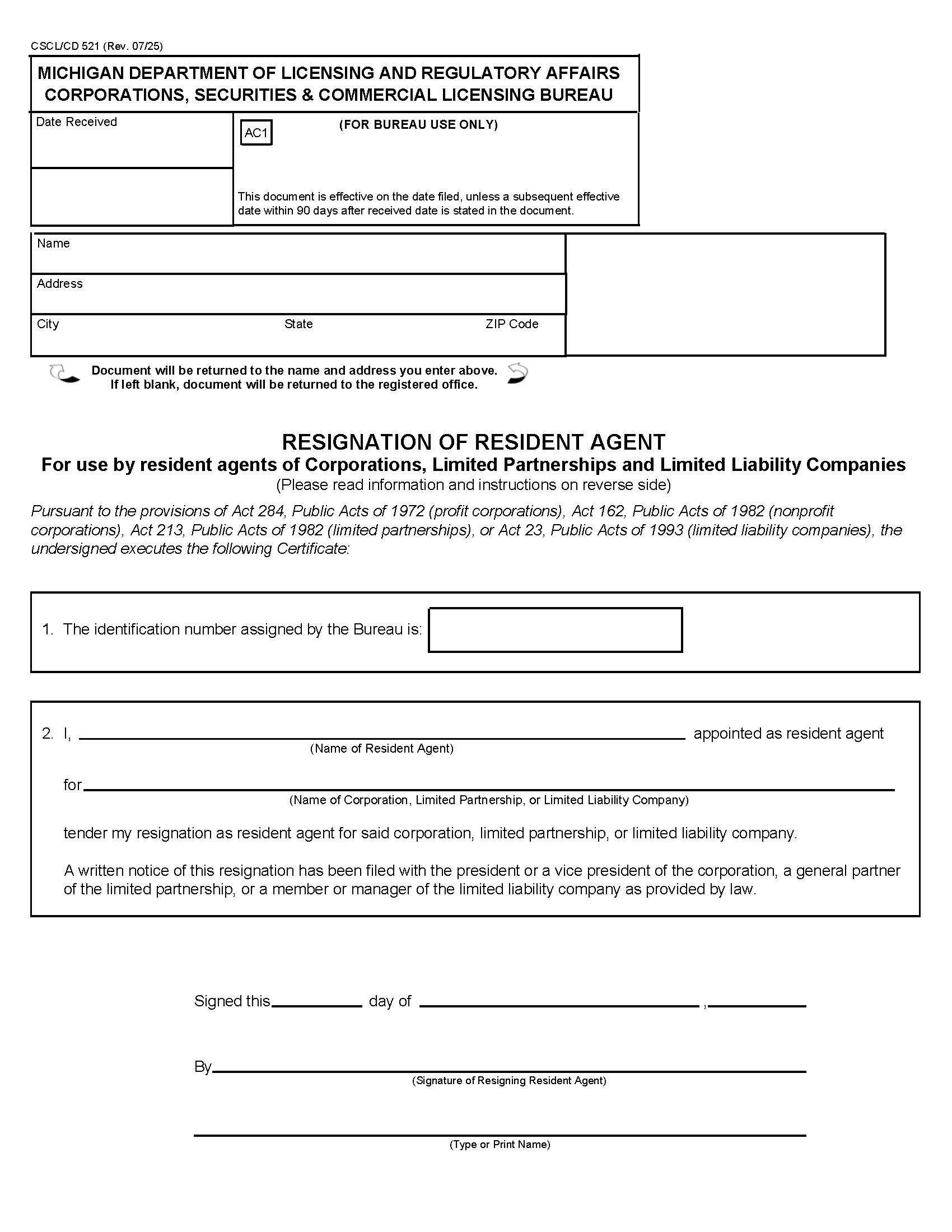 Resignation Of Resident Agent For Use By Resident Agents Of Corps LPs And LLCs {521} | Pdf Fpdf Docx | Michigan