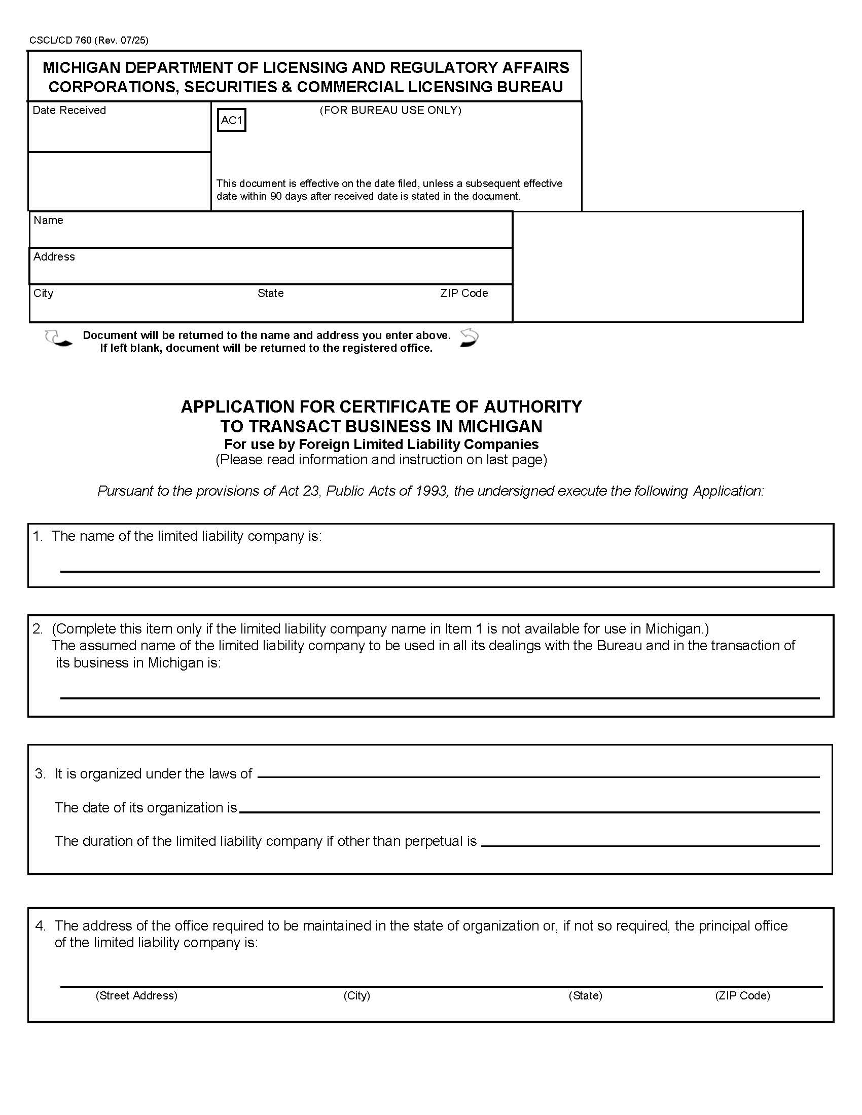 Application For Certificate Of Authority To Transact Business (Foreign LLC) {760} | Pdf Fpdf Docx | Michigan