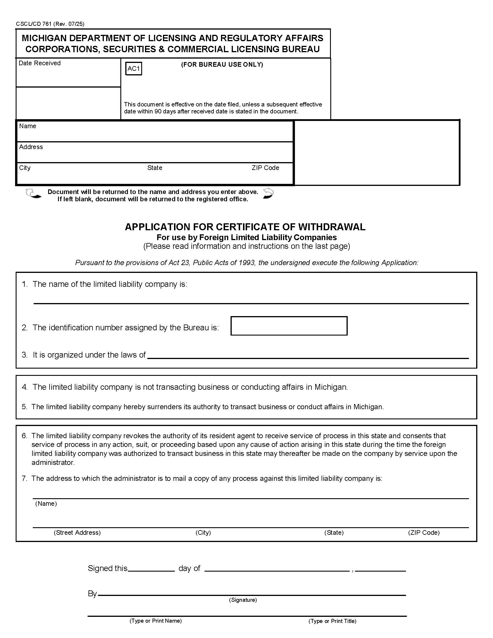 Application For Certificate Of Withdrawal For Use By Foreign LLCs {761} | Pdf Fpdf Docx | Michigan