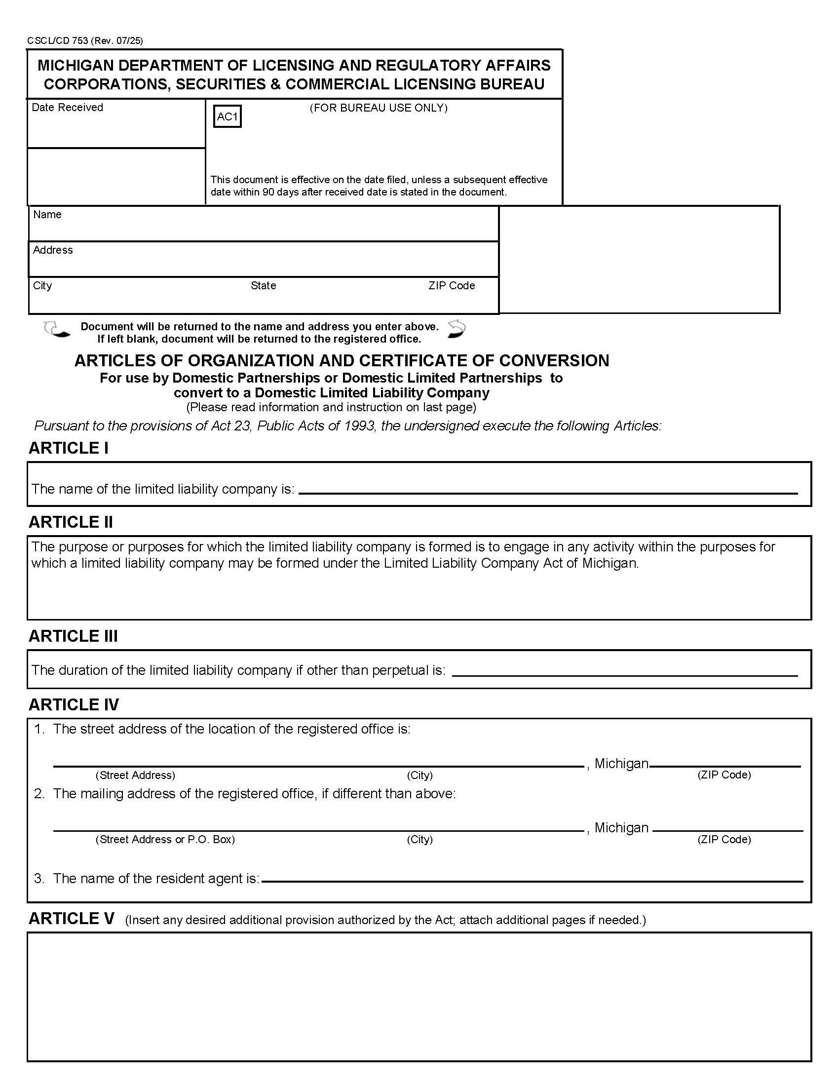 Articles Of Organization  To Convert To A LLC (Domestic) {753} | Pdf Fpdf Docx | Michigan