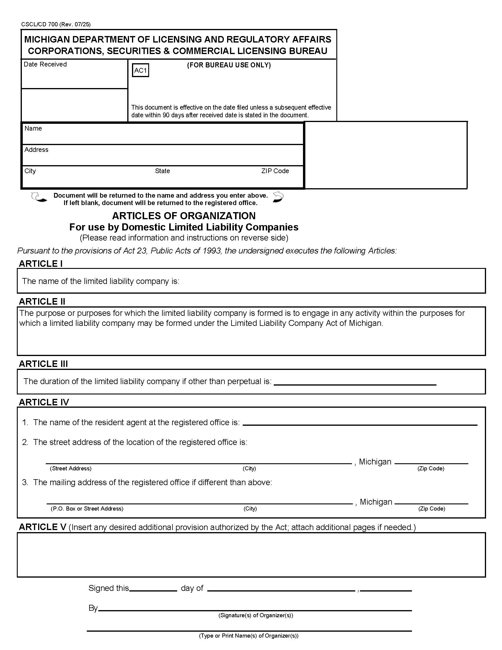 Articles Of Organization For Use By Domestic LLCs {700} | Pdf Fpdf Docx | Michigan