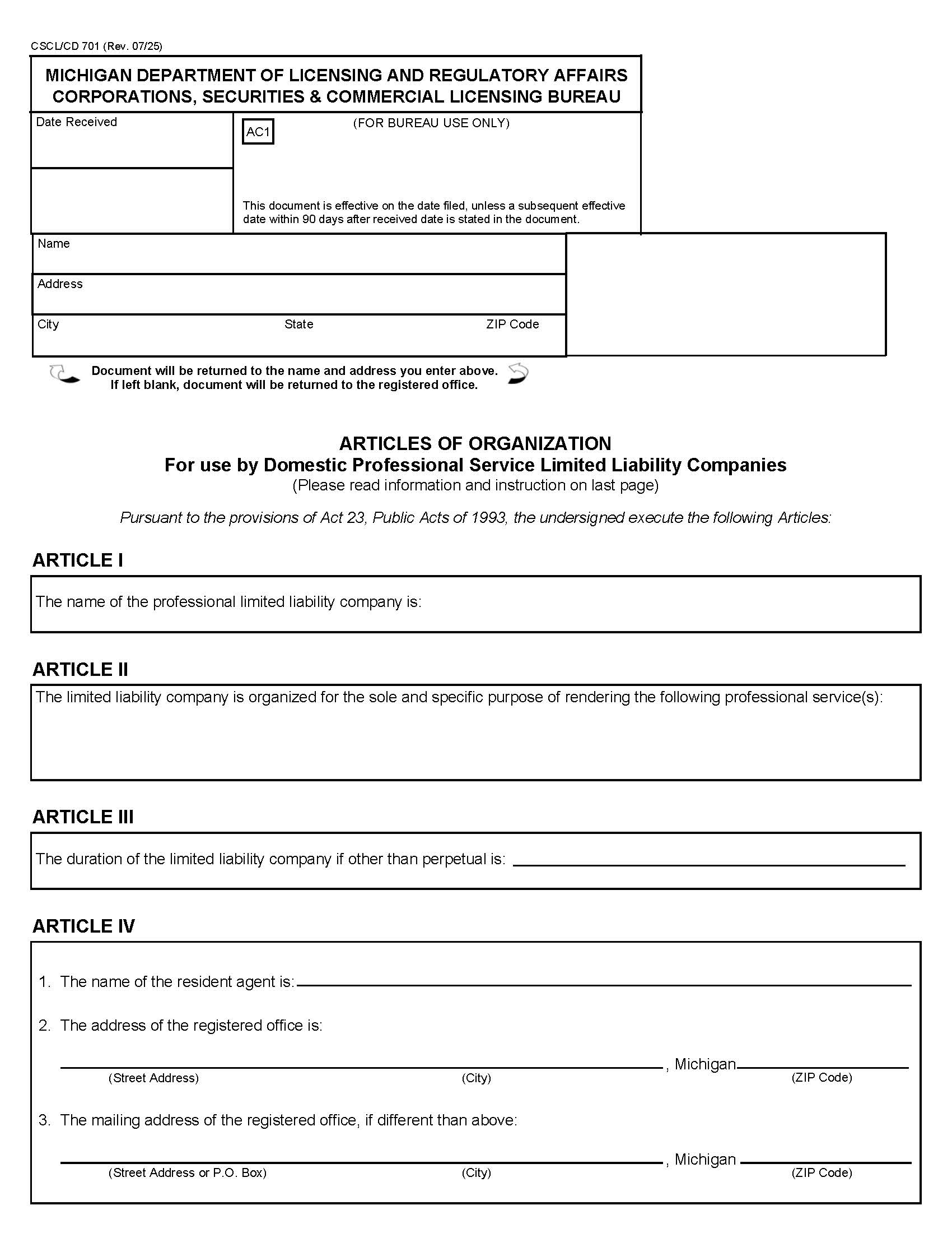 Articles Of Organization For Use By Domestic Professional Service LLCs {701} | Pdf Fpdf Docx | Michigan