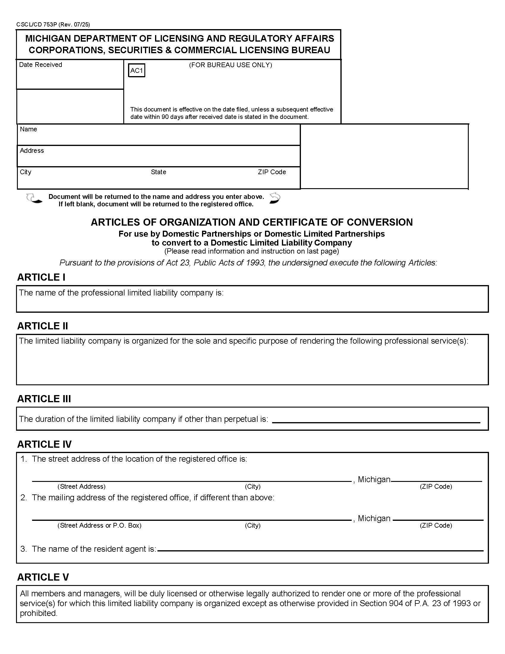 Articles Of Organization To Convert To A LLC (Professional) {753P} | Pdf Fpdf Docx | Michigan