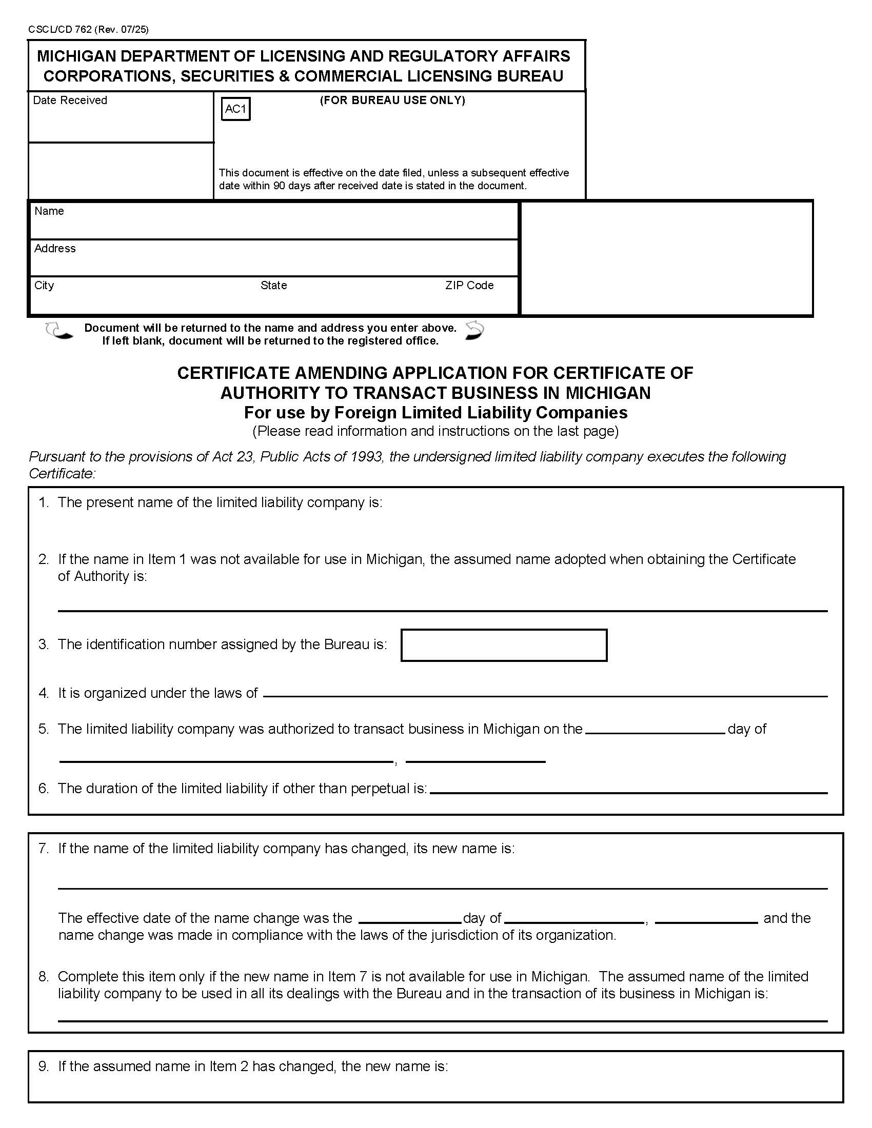 Certificate Amending Application For Certificate Of Authority (Foreign LLC) {762} | Pdf Fpdf Docx | Michigan